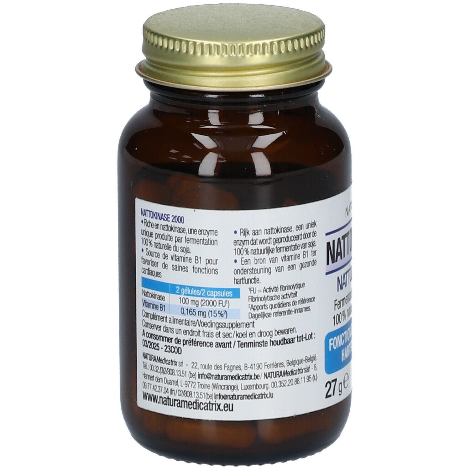 Flacon en verre brun avec couvercle doré. Étiquette avec informations sur le produit, ingrédients et dosage.