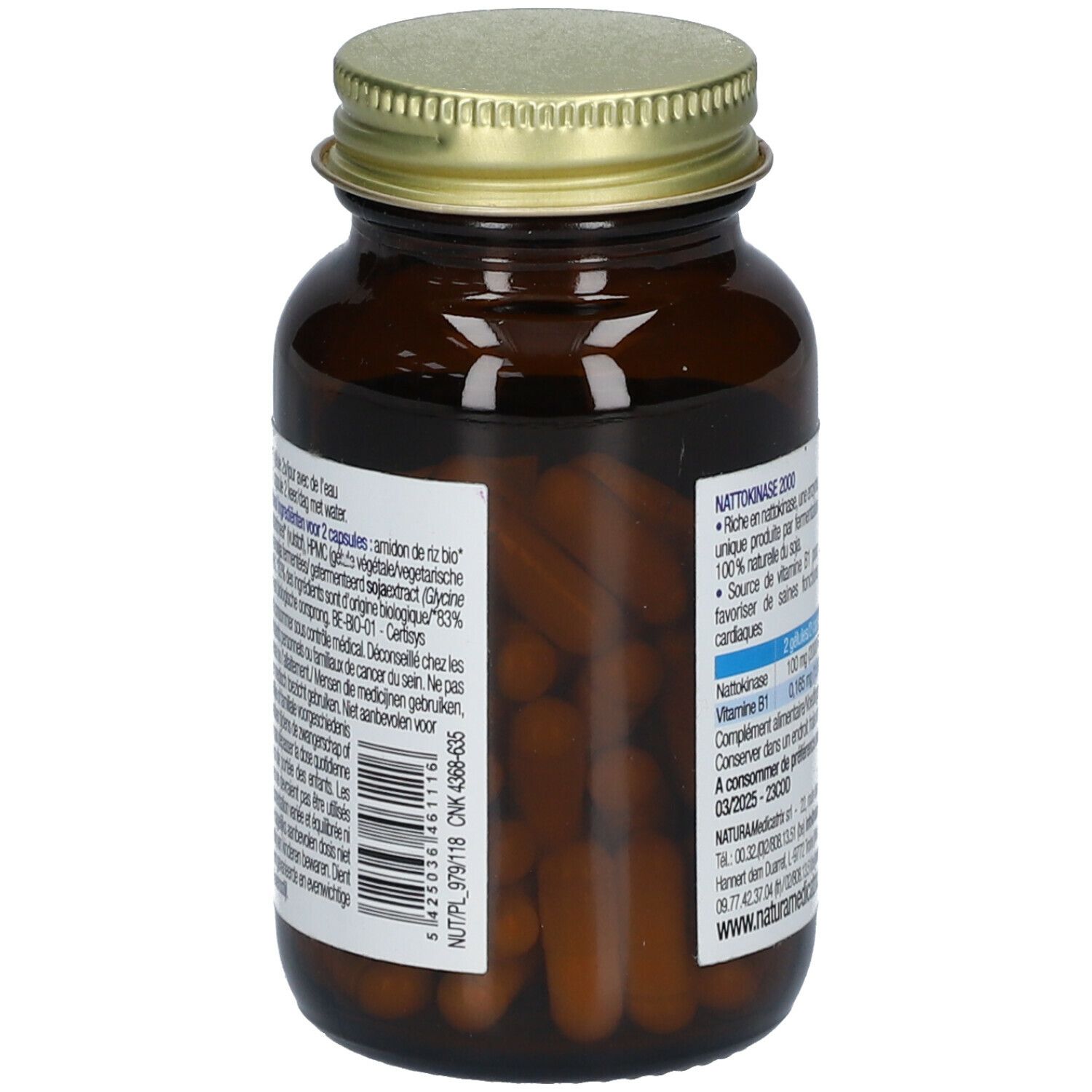 Flacon en verre brun avec couvercle doré. Dos avec informations sur le produit et étiquette code-barres.