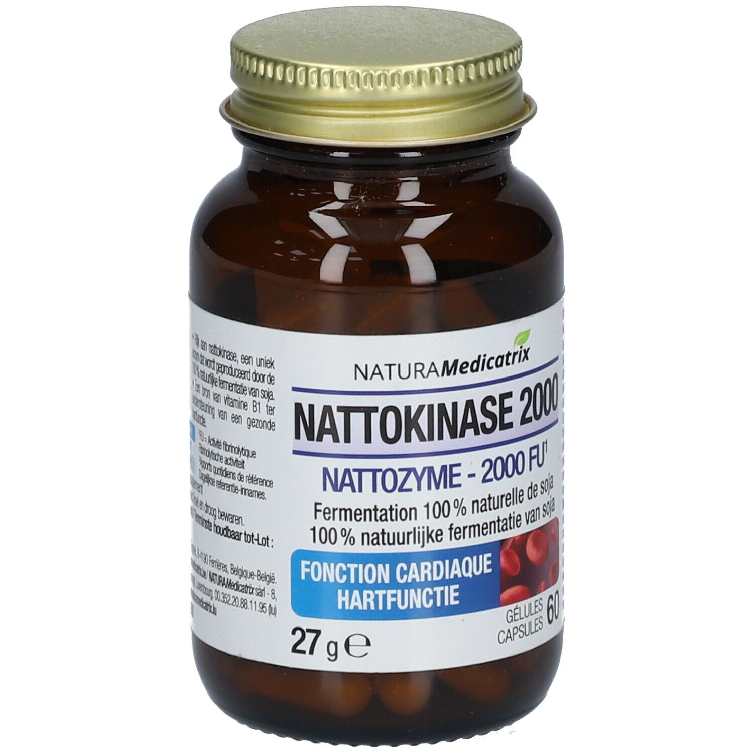 Flacon en verre brun avec couvercle doré. Étiquette avec nom et informations sur le produit. 60 gélules.