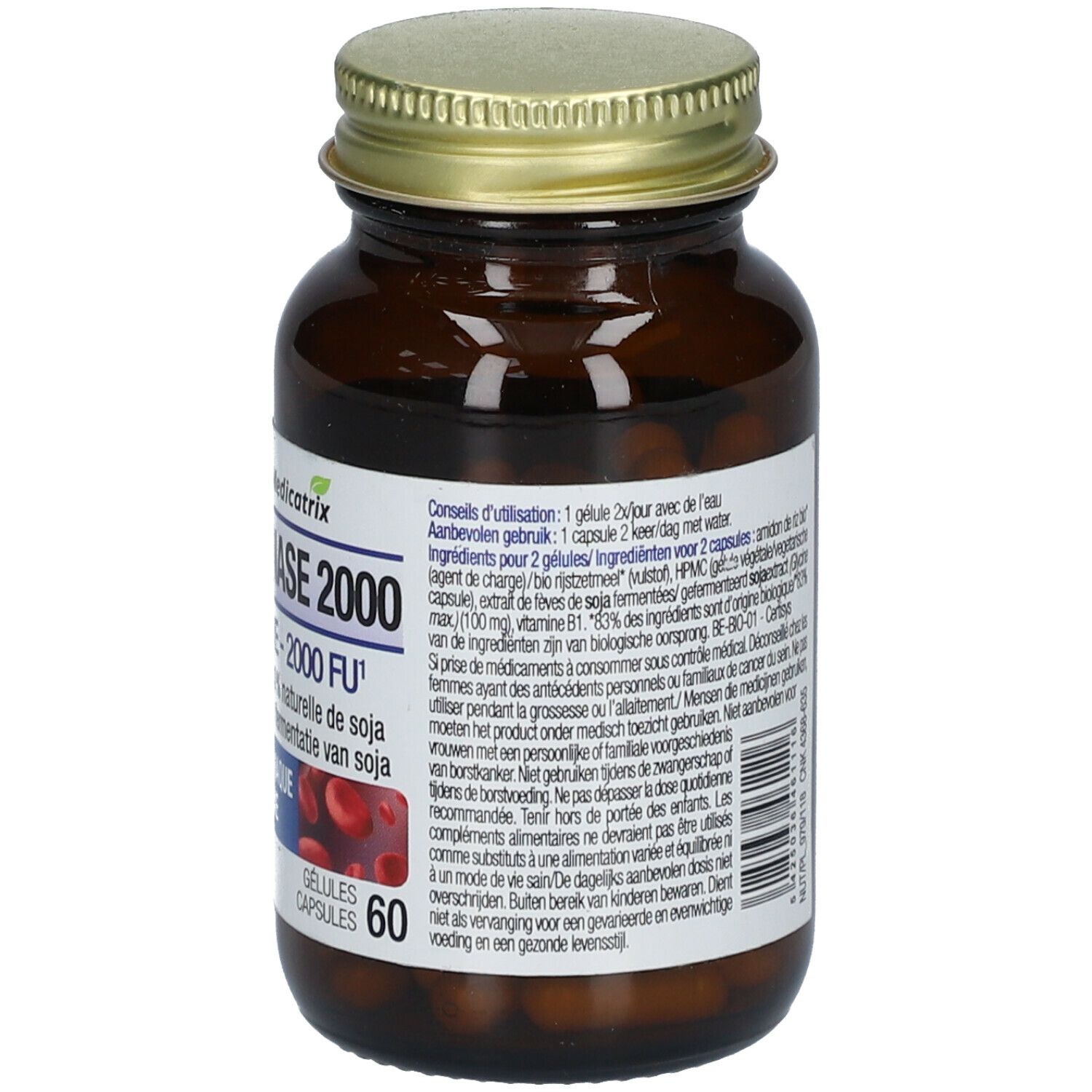 Flacon en verre brun avec couvercle doré. Étiquette avec informations sur le produit, ingrédients et dosage.