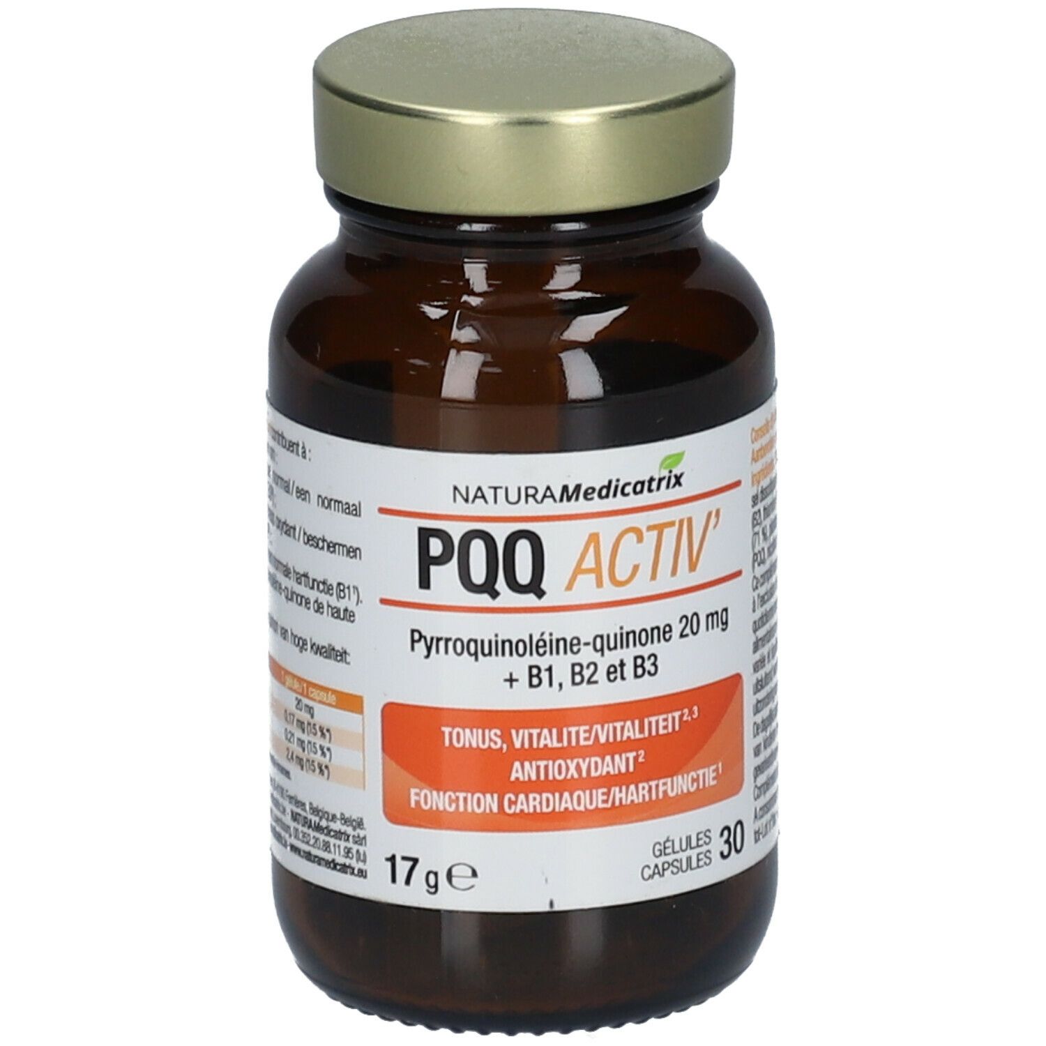 Flacon en verre brun avec couvercle doré. Étiquette avec nom du produit PQQ ACTIV', informations et logos.