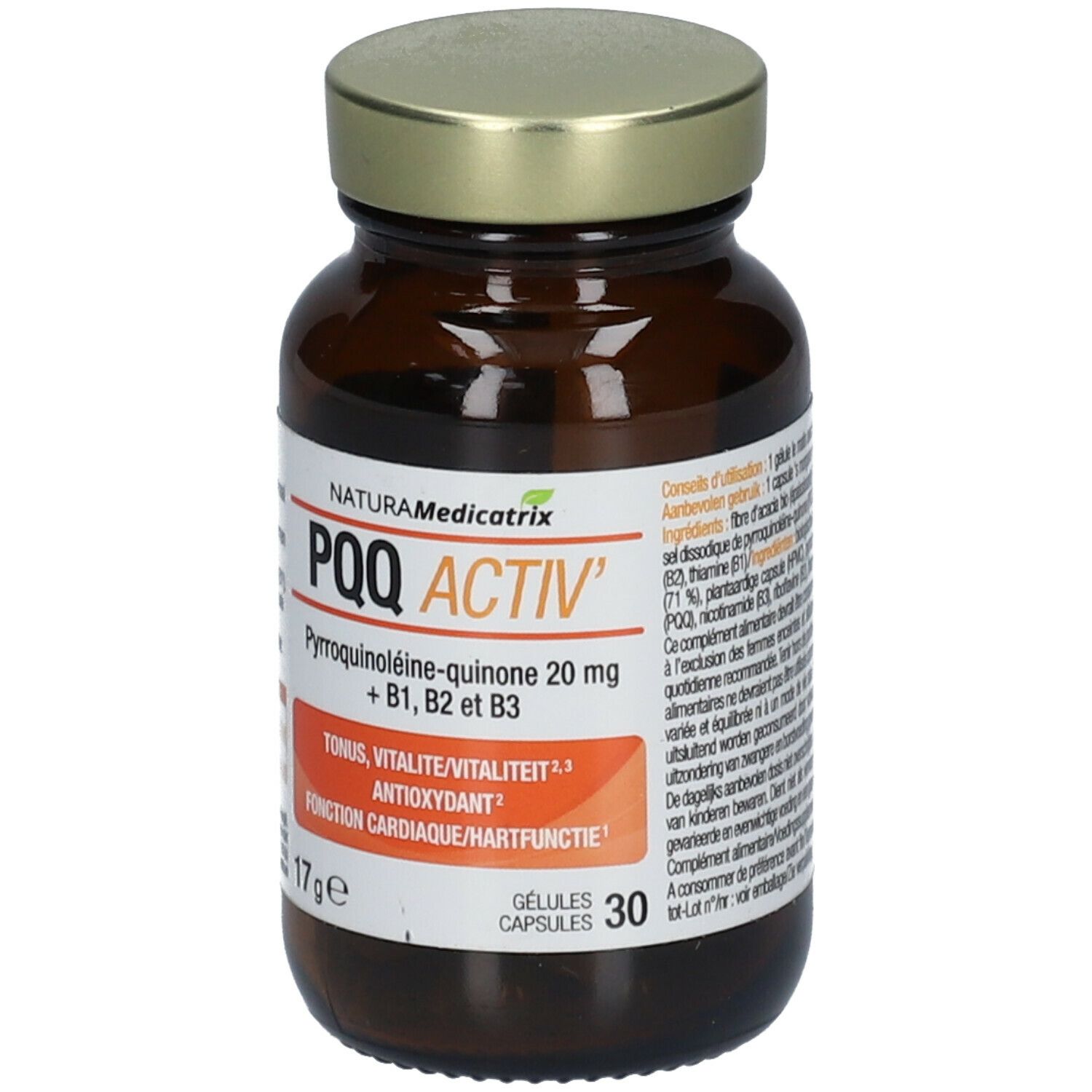 Flacon en verre brun avec couvercle doré. Étiquette avec nom du produit PQQ ACTIV', informations et logos.