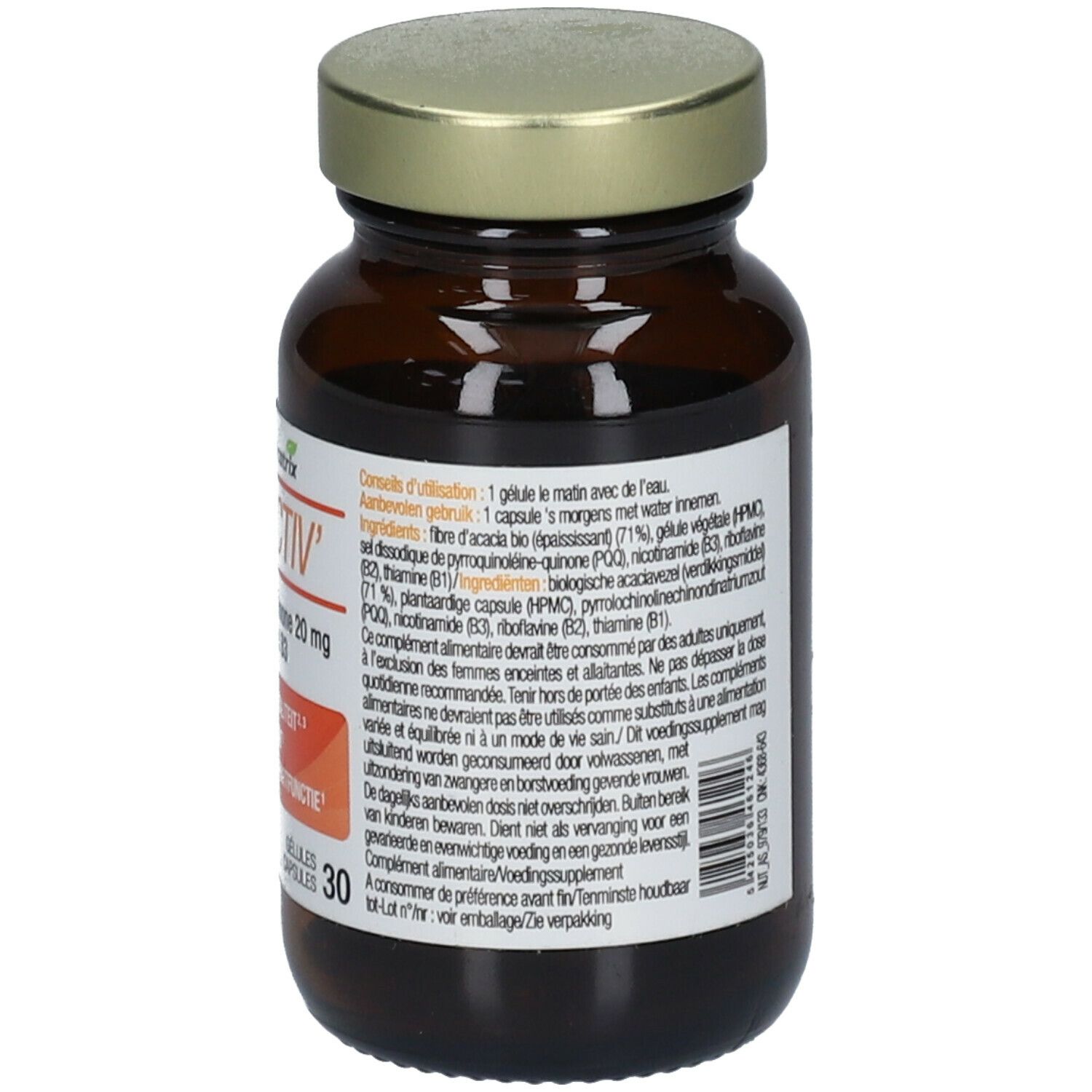 Flacon en verre brun avec couvercle doré. Dos avec étiquette, informations et texte.