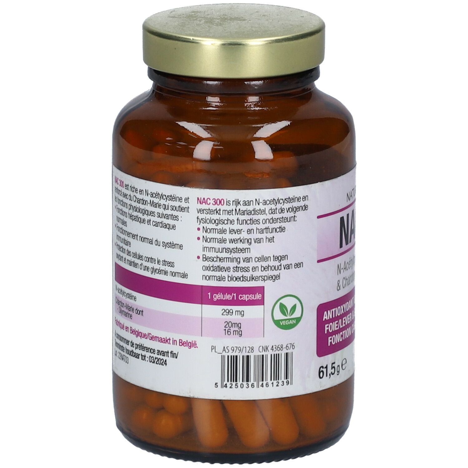 Achterkant van de bruine glazen fles. Etiket met productinformatie, ingrediënten en voedingswaarden. Vegan keurmerk.