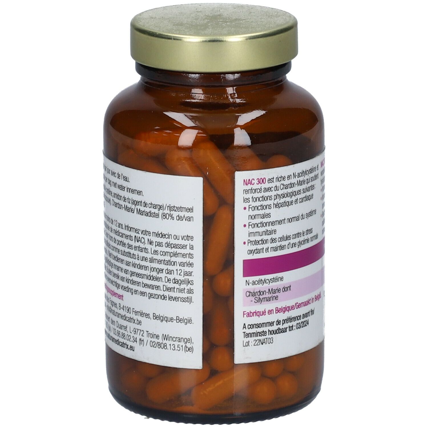 Bruine glazen fles met etiket. Tekst: NAC 300, N-acetylcysteïne & Mariadistel. Vegan keurmerk. Informatie.