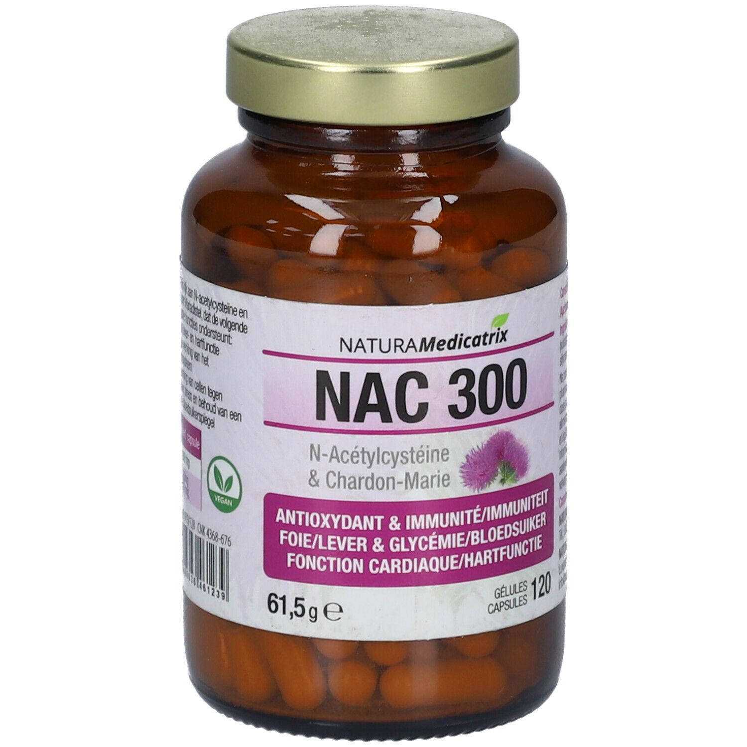 Bruine glazen fles met gouden dop. Etiket met productnaam NAC 300 en ingrediënten. 120 capsules.