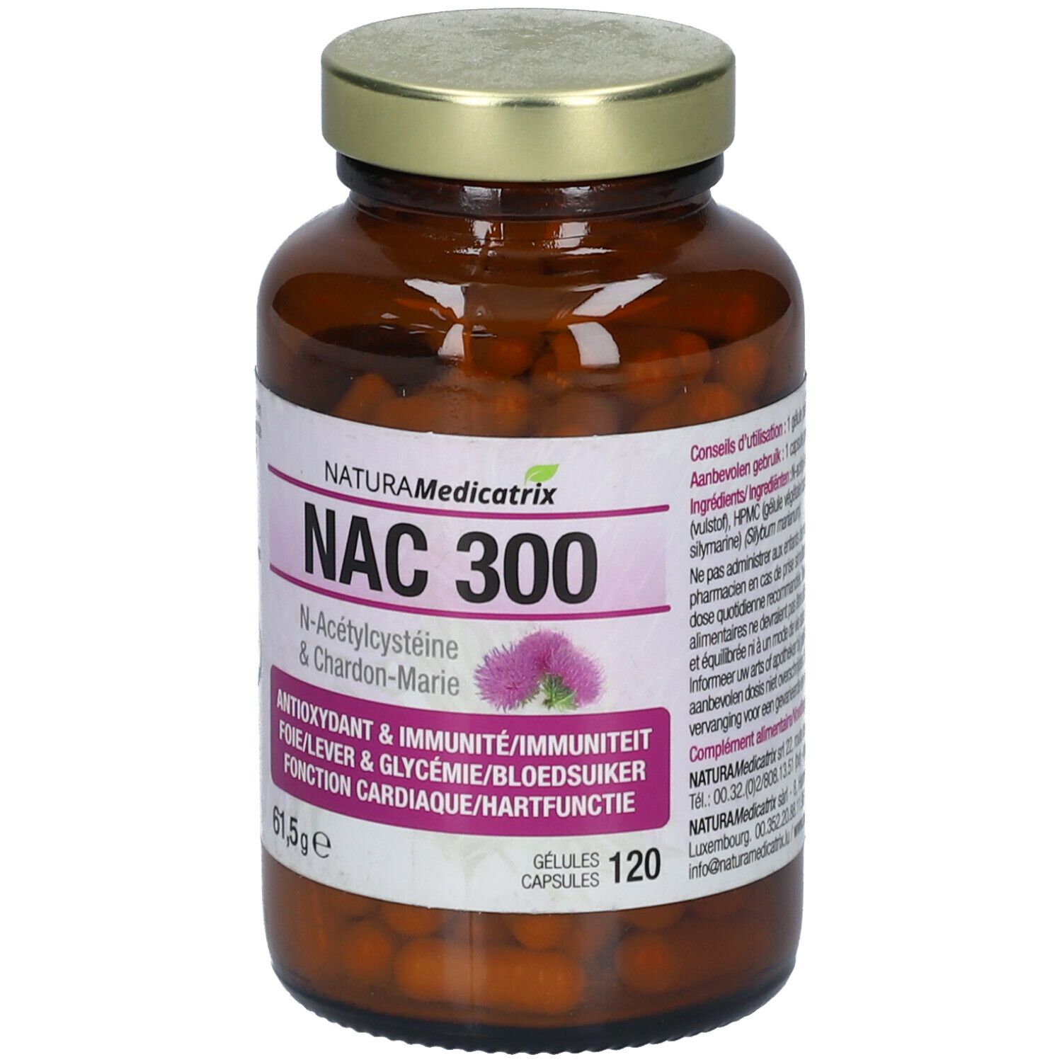 Bruine glazen fles met gouden dop. Etiket met productnaam NAC 300 en ingrediënten. 120 capsules.