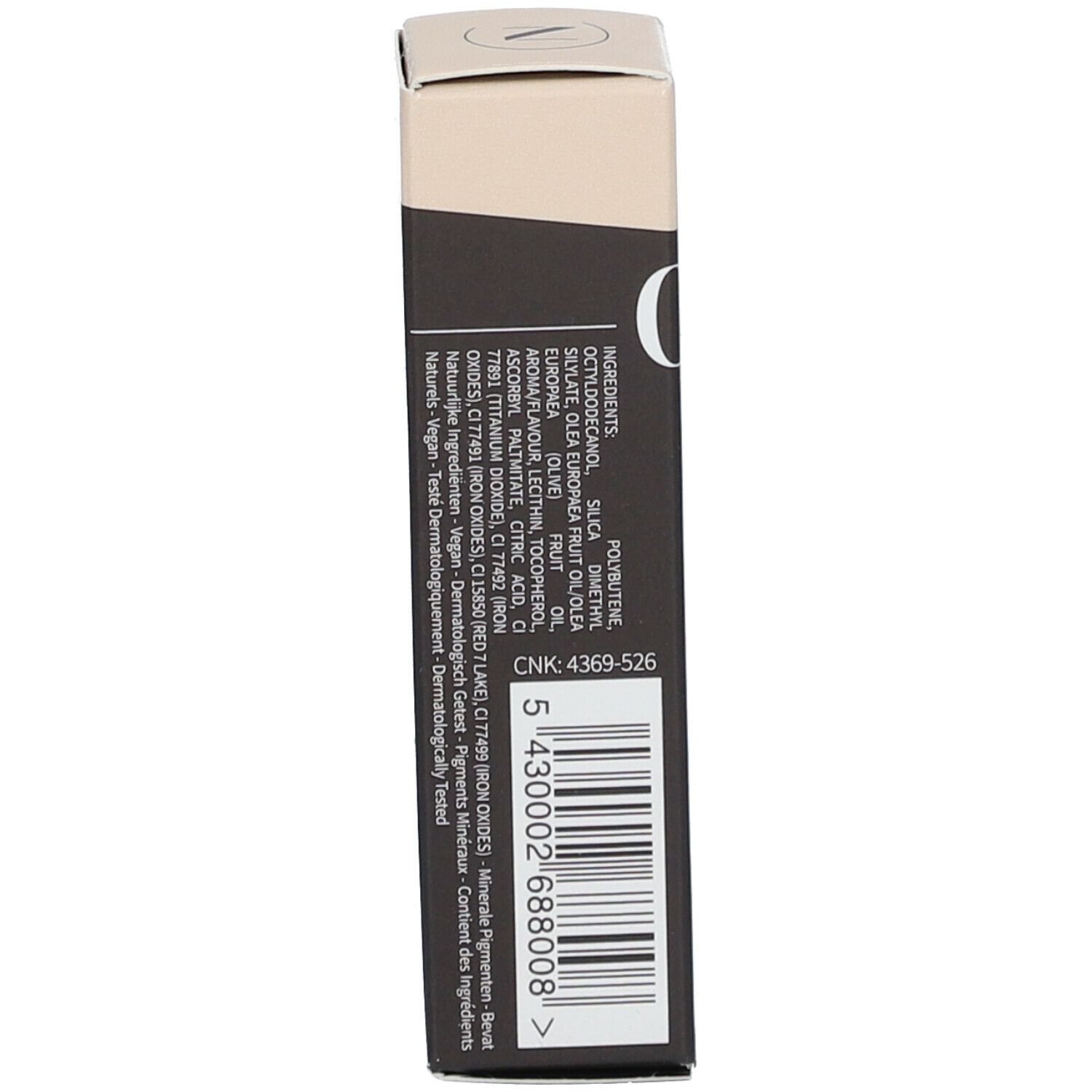Verpackung mit Inhaltsstoffen und Barcode. Aufschrift: CNK: 4369-526.