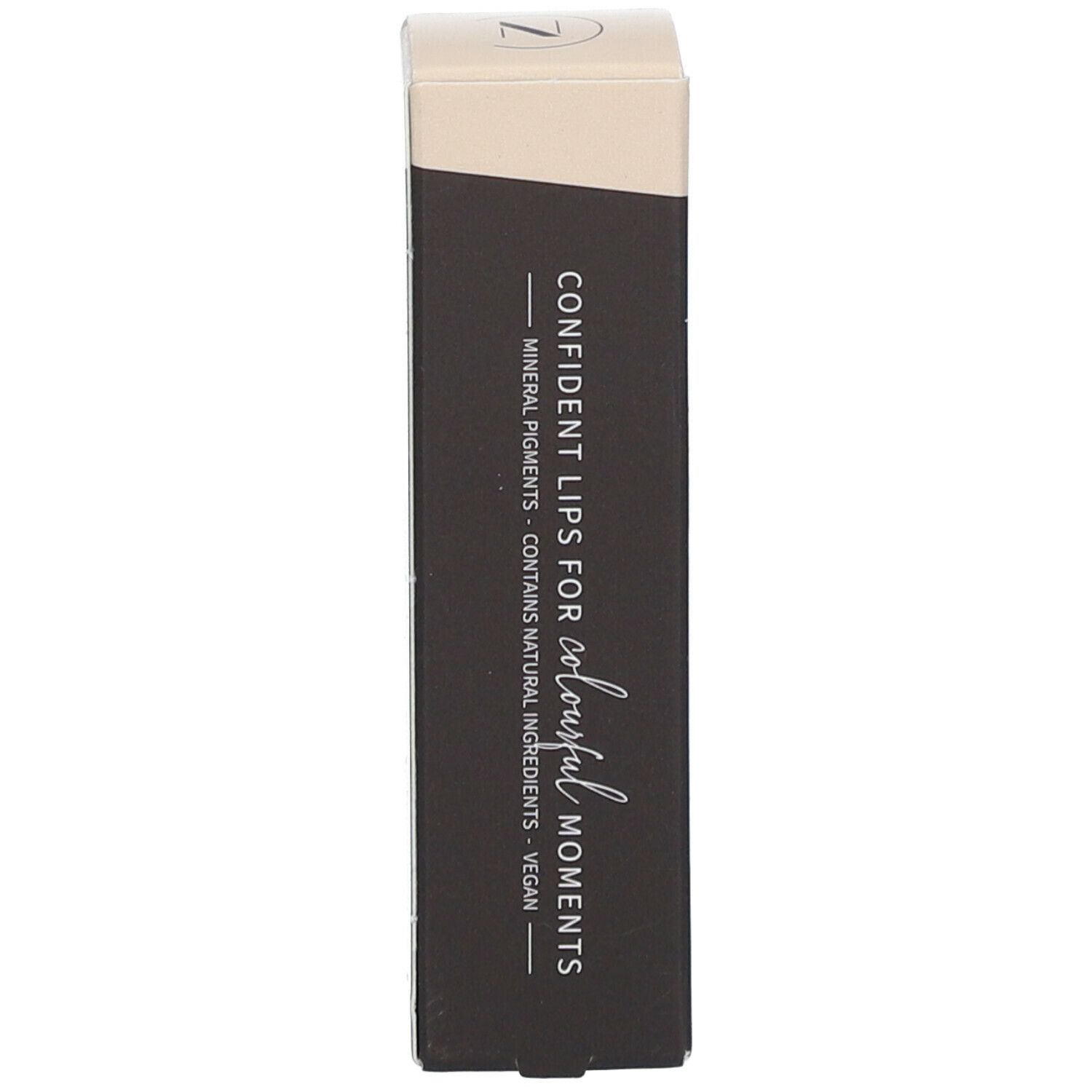 Verpackung mit Text: CONFIDENT LIPS FOR COLOURFUL MOMENTS. Mineralpigmente, vegan.
