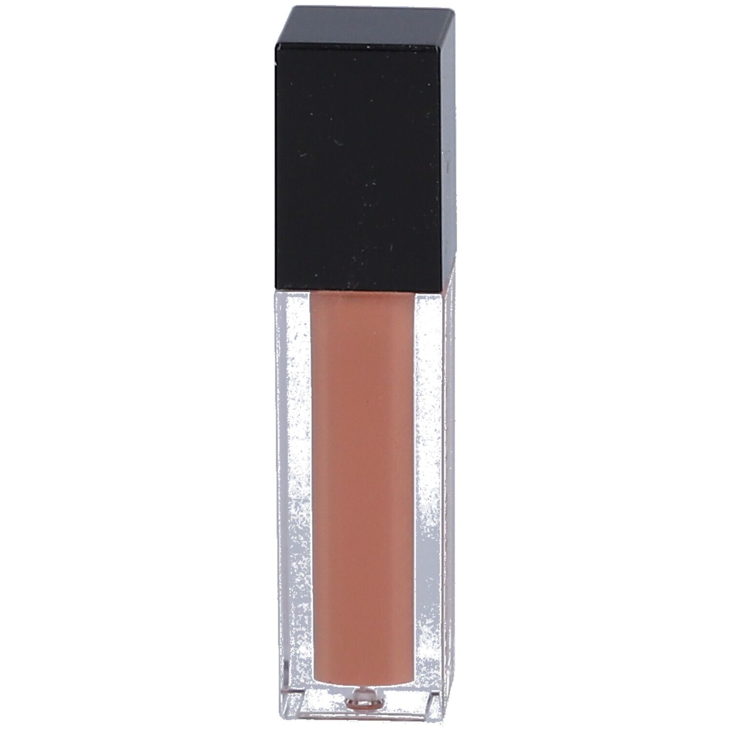 Klarer Lipgloss-Behälter mit schwarzem Deckel. Der Inhalt ist pfirsichfarben. LES COULEURS DE NOIR ist auf dem Behälter aufgedruckt.