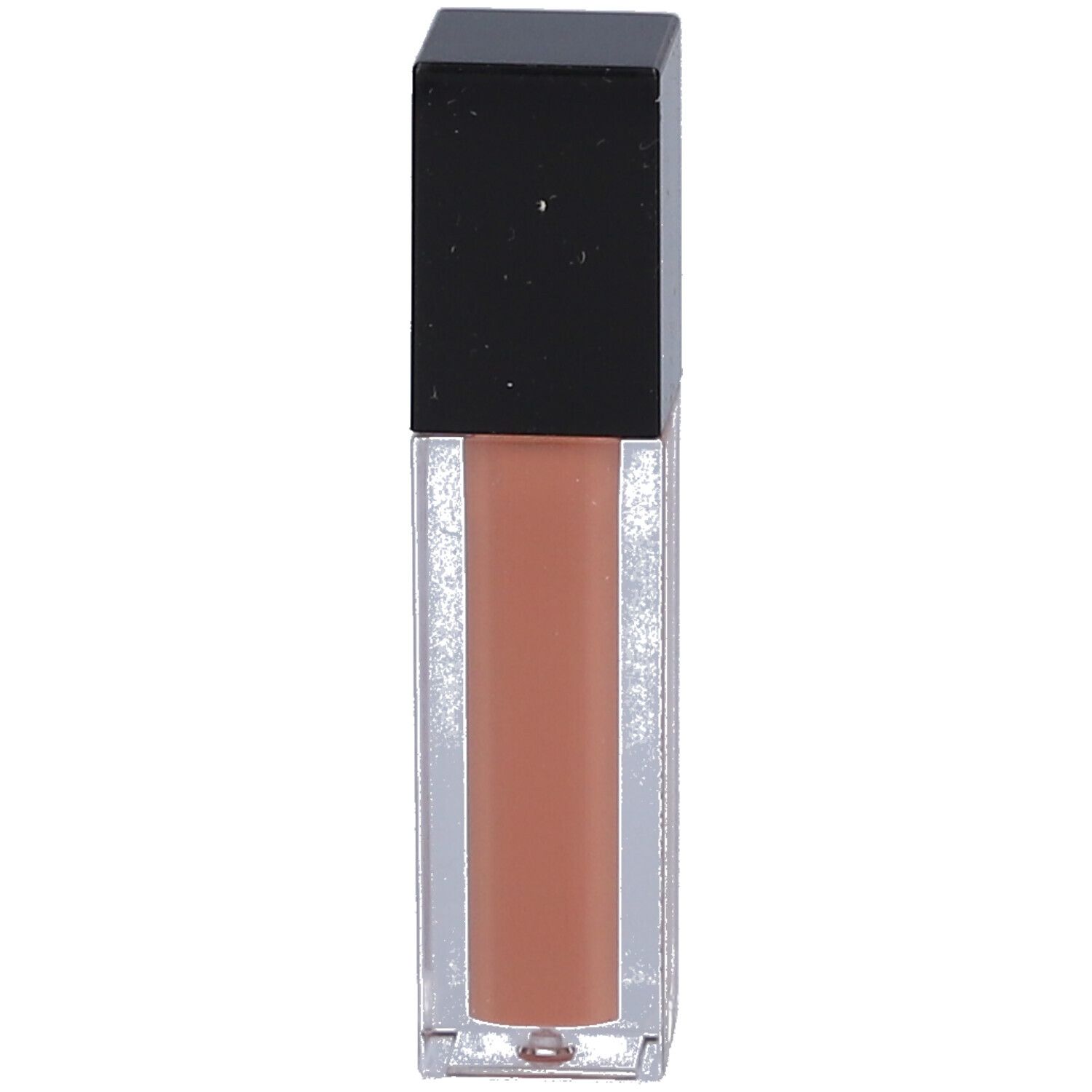 Klarer Lipgloss-Behälter mit schwarzem Deckel. Der Inhalt ist pfirsichfarben. LES COULEURS DE NOIR ist auf dem Behälter aufgedruckt.