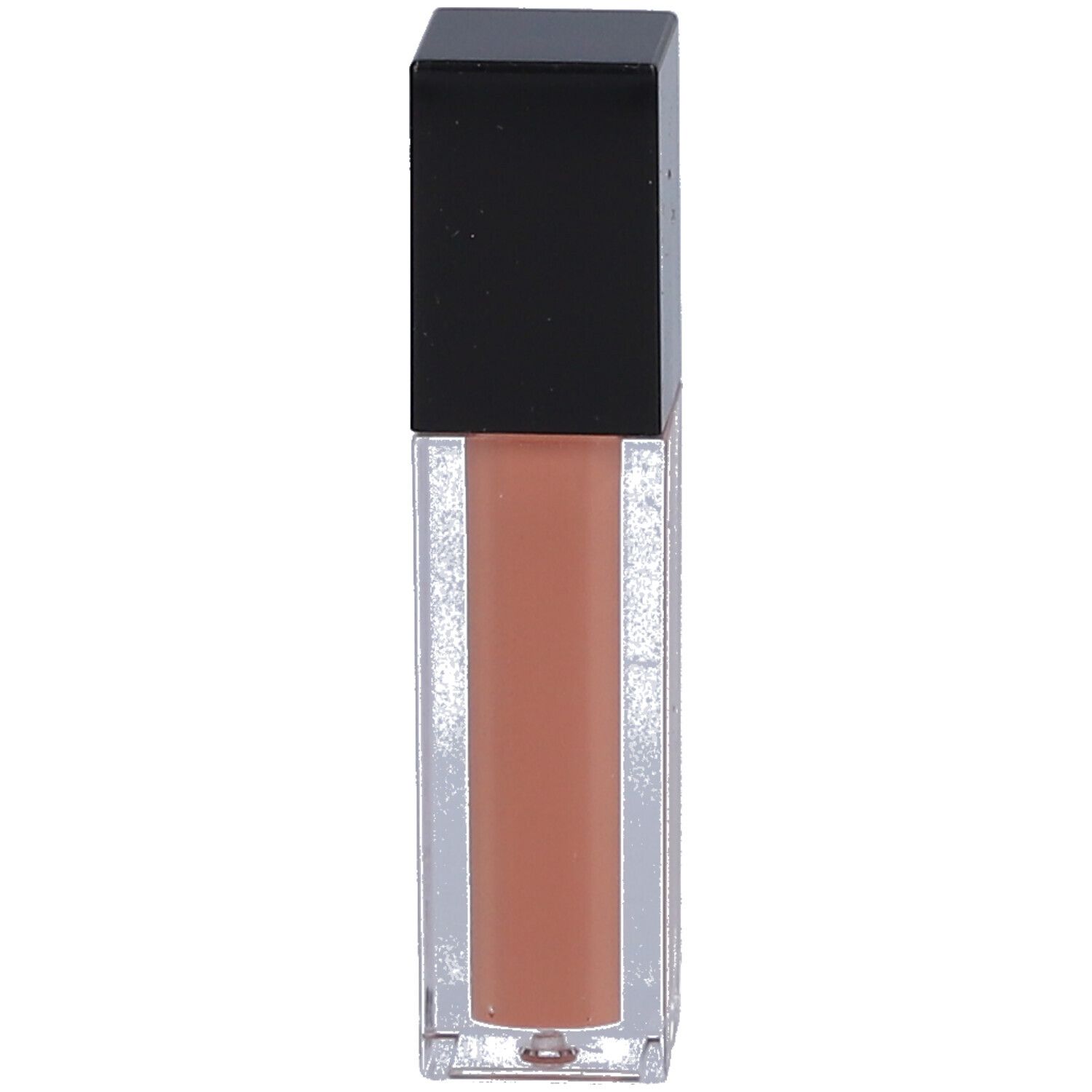 Klarer Lipgloss-Behälter mit schwarzem Deckel. Der Inhalt ist pfirsichfarben. LES COULEURS DE NOIR ist auf dem Behälter aufgedruckt.