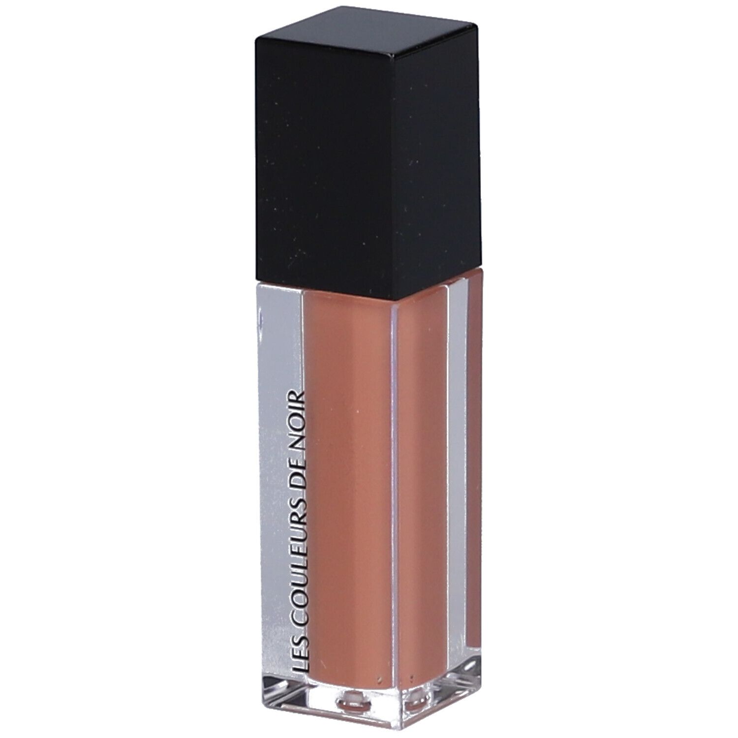 Klarer Lipgloss-Behälter mit schwarzem Deckel. Der Inhalt ist pfirsichfarben. LES COULEURS DE NOIR ist auf dem Behälter aufgedruckt.