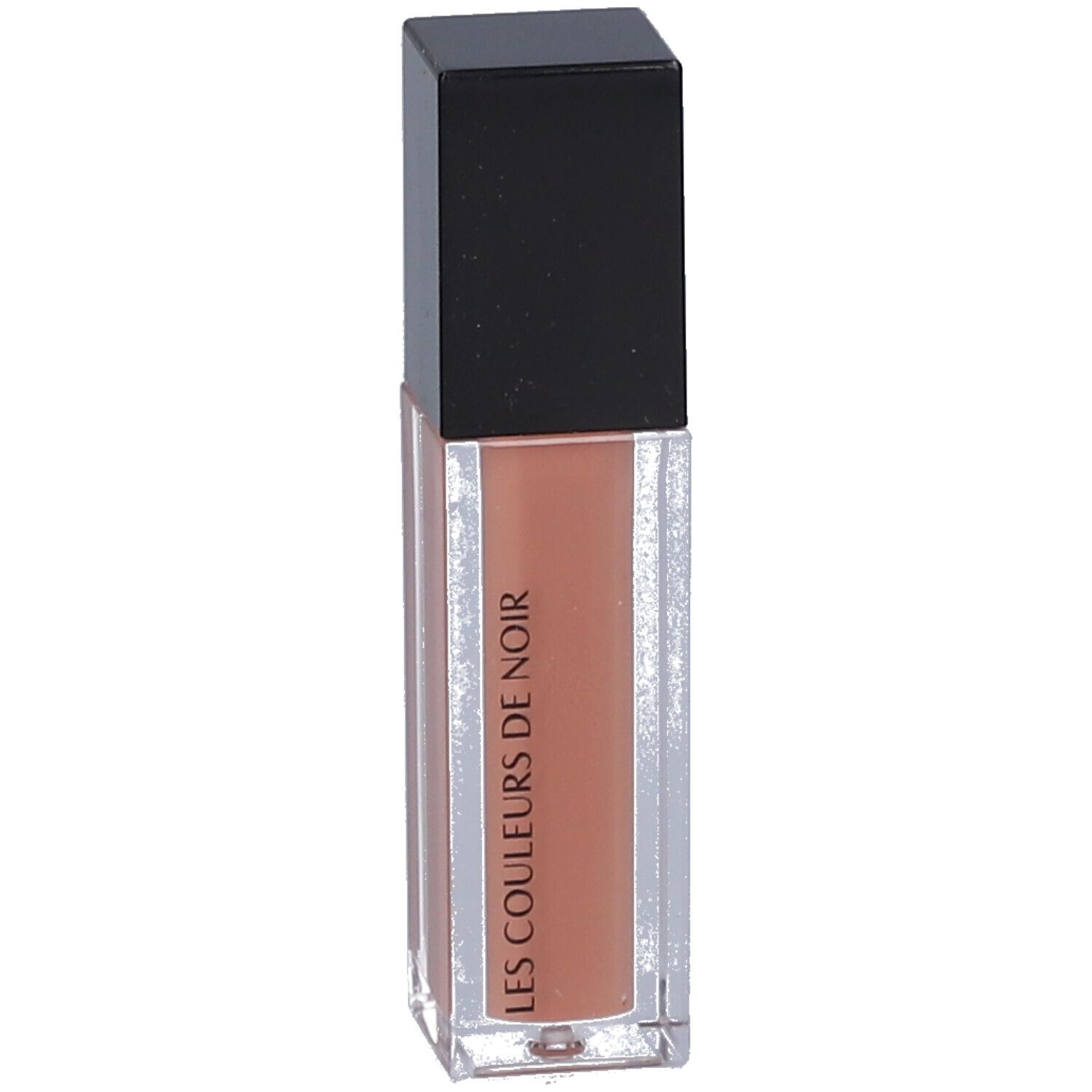 Klarer Lipgloss-Behälter mit schwarzem Deckel. Der Inhalt ist pfirsichfarben. LES COULEURS DE NOIR ist auf dem Behälter aufgedruckt.