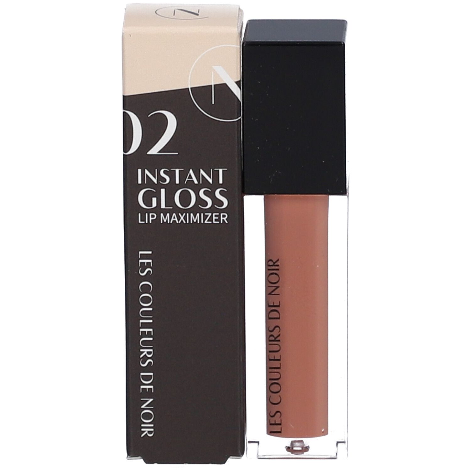 Lipgloss-Behälter mit schwarzem Deckel und Verpackung. Auf der Verpackung steht '02 Instant Gloss Lip Maximizer'.