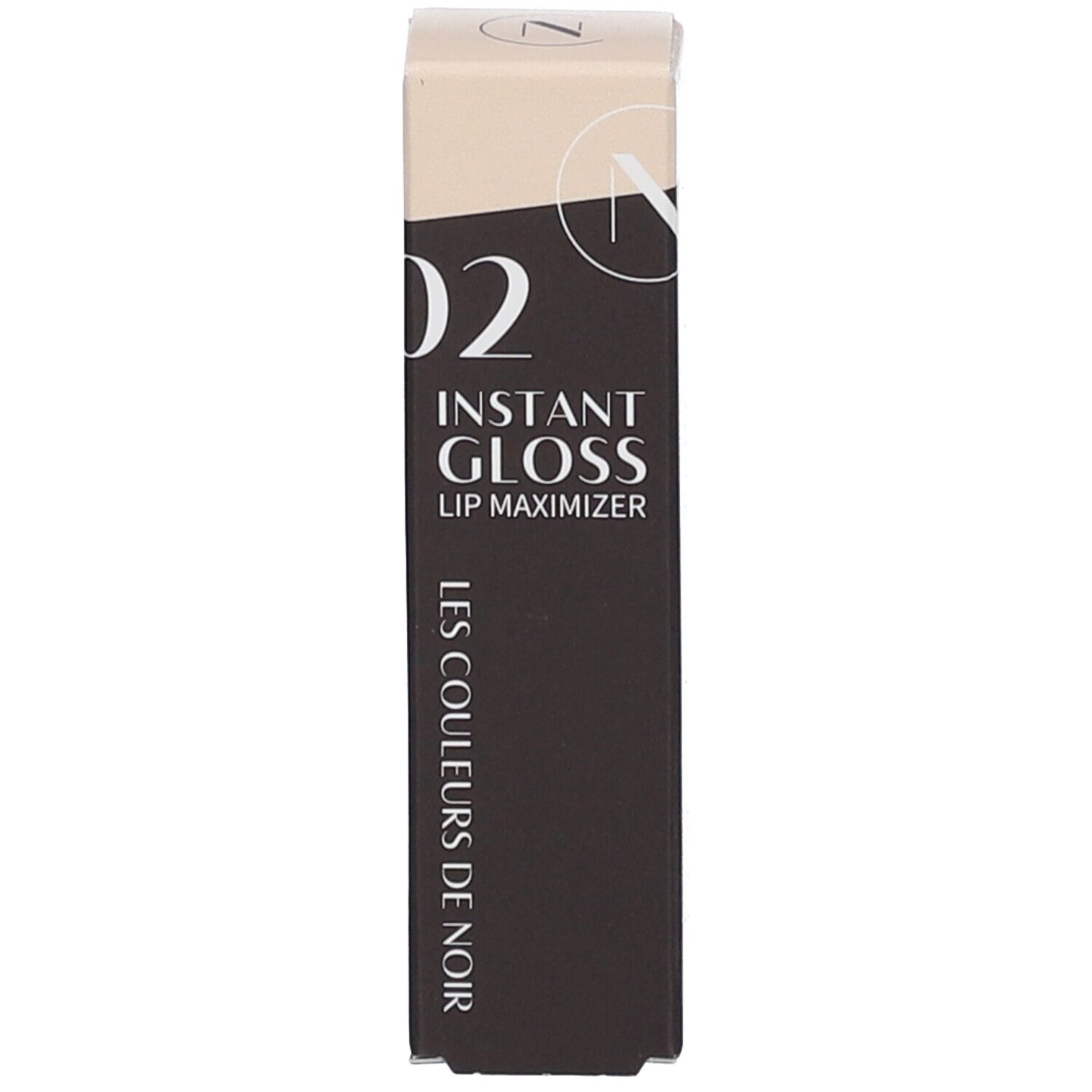 Verpackung für Lipgloss. Auf der Verpackung steht '02 Instant Gloss Lip Maximizer' und 'LES COULEURS DE NOIR'.