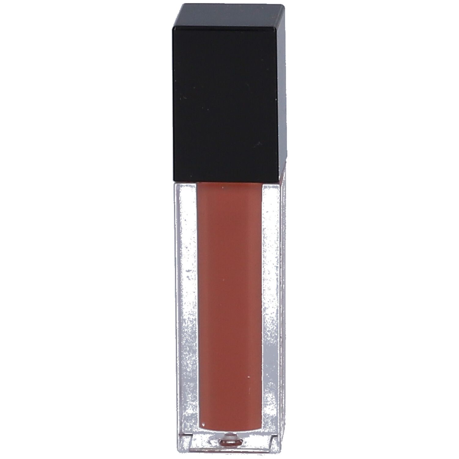 Klarer Lipgloss-Behälter mit schwarzem Deckel. Der Inhalt ist braun.