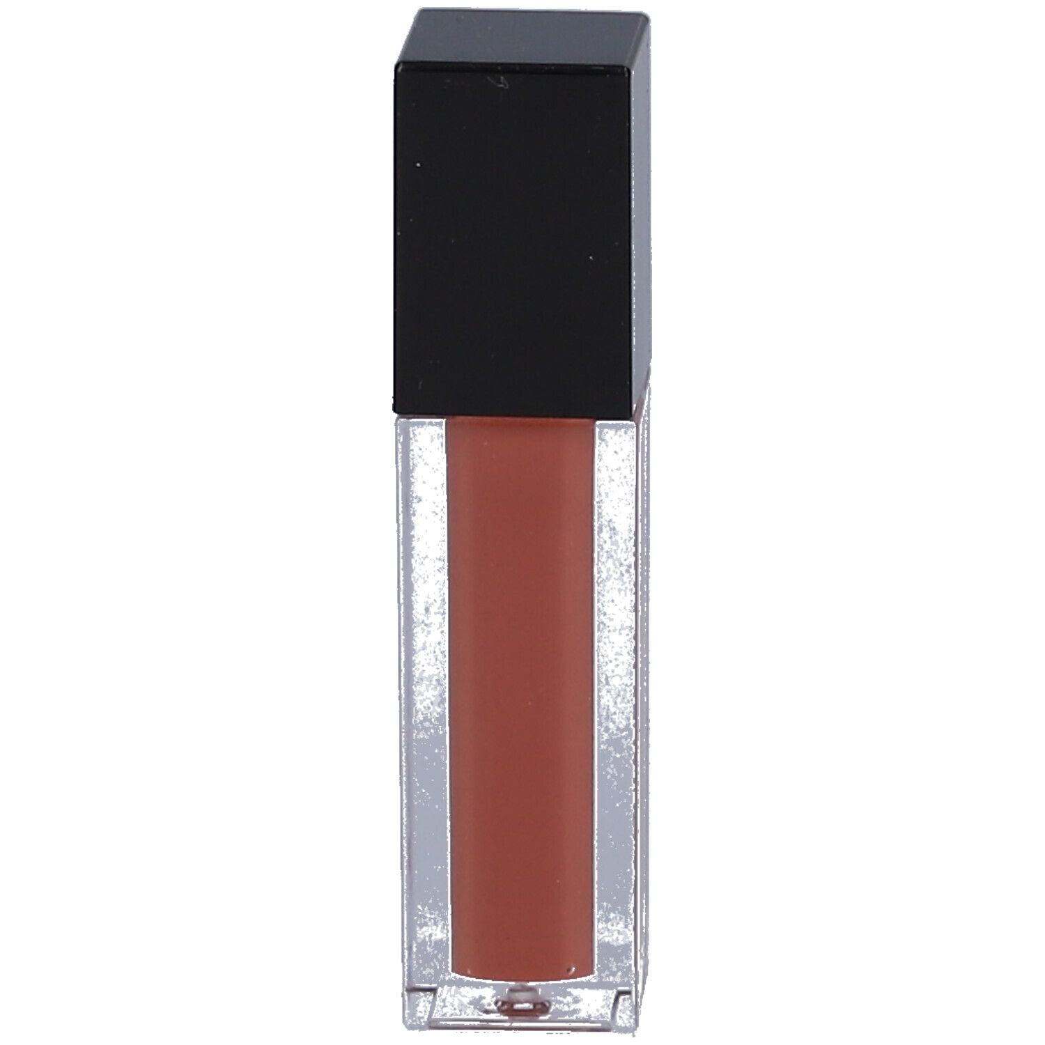 Klarer Lipgloss-Behälter mit schwarzem Deckel. Der Inhalt ist braun.