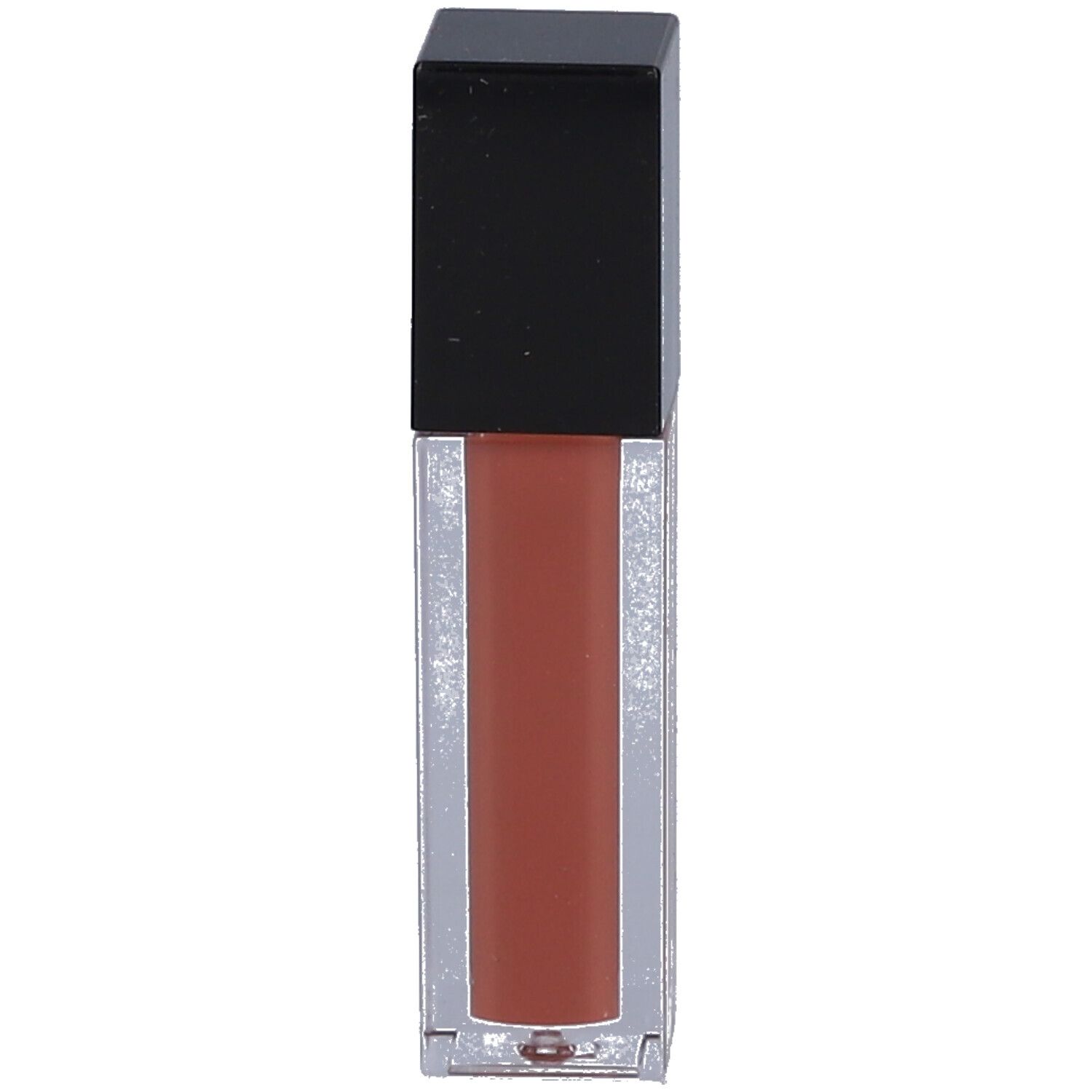 Klarer Lipgloss-Behälter mit schwarzem Deckel. Der Inhalt ist braun.