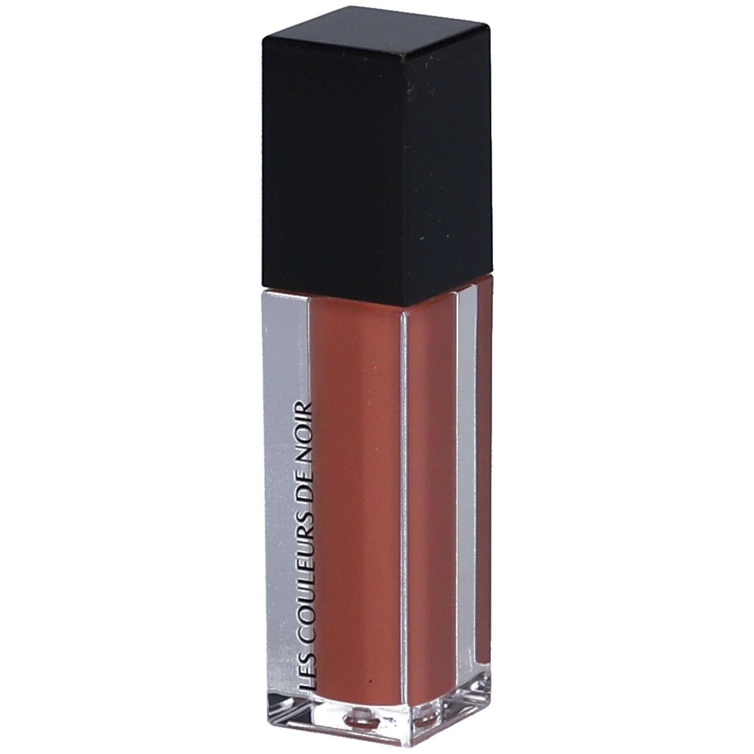 Klarer Lipgloss-Behälter mit schwarzem Deckel. Der Inhalt ist braun. LES COULEURS DE NOIR ist aufgedruckt.