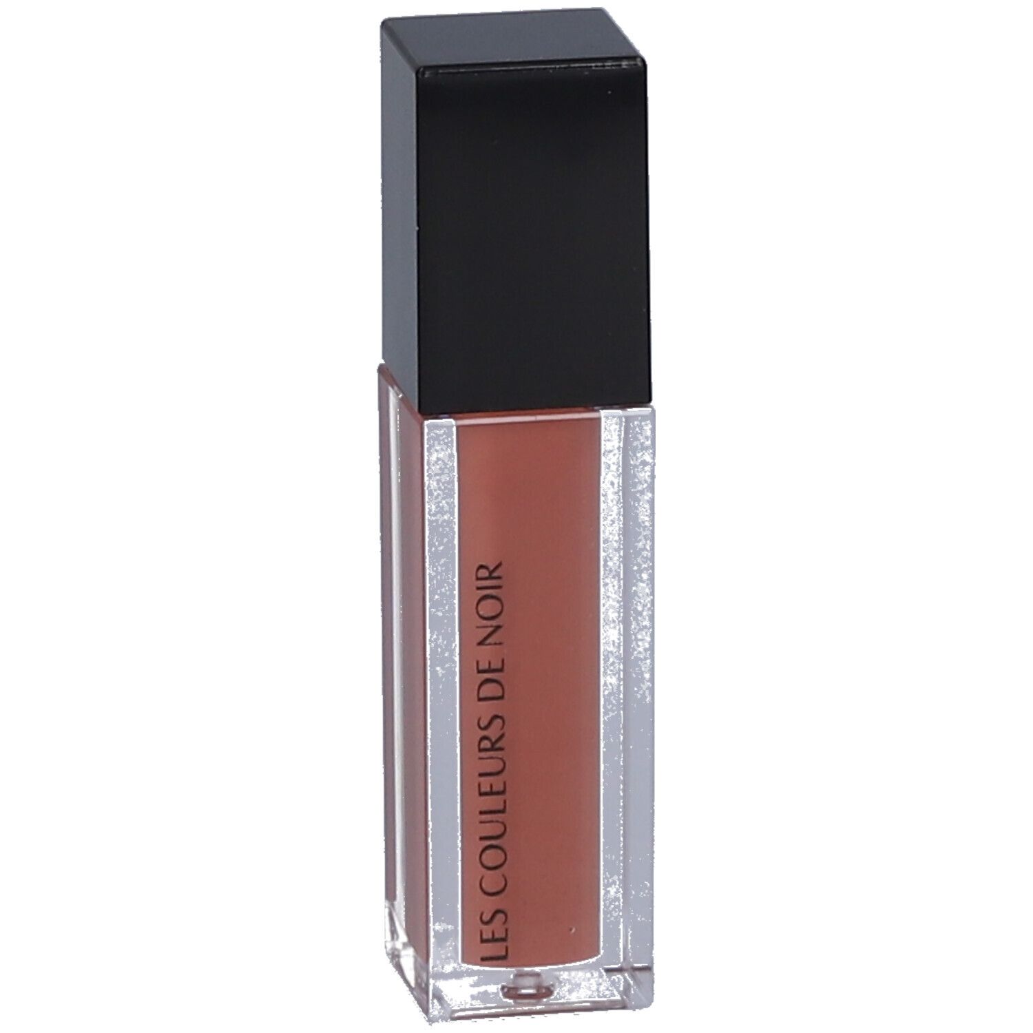 Klarer Lipgloss-Behälter mit schwarzem Deckel. Der Inhalt ist braun. LES COULEURS DE NOIR ist aufgedruckt.