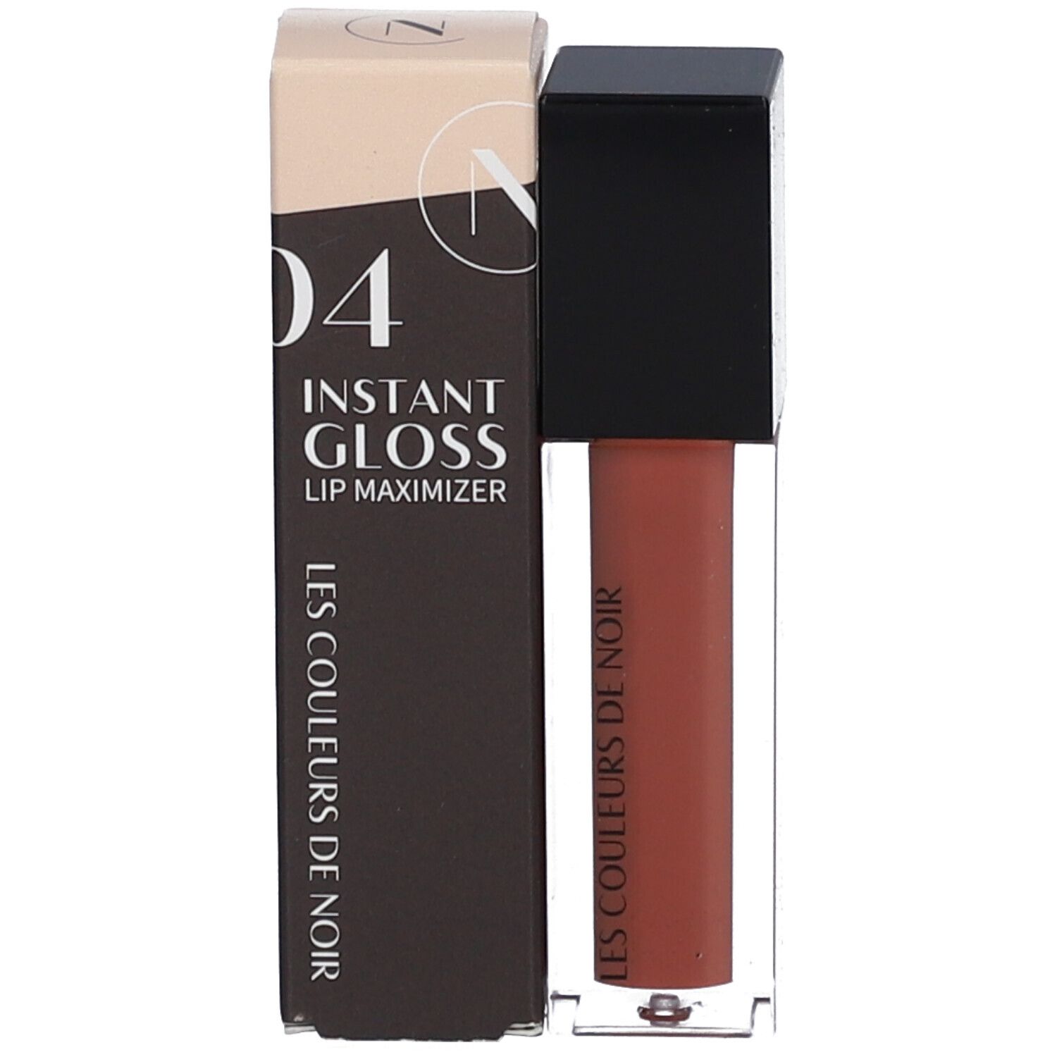 Lipgloss-Behälter und Verpackung. Auf der Verpackung steht '04 Instant Gloss Lip Maximizer' und 'LES COULEURS DE NOIR'.