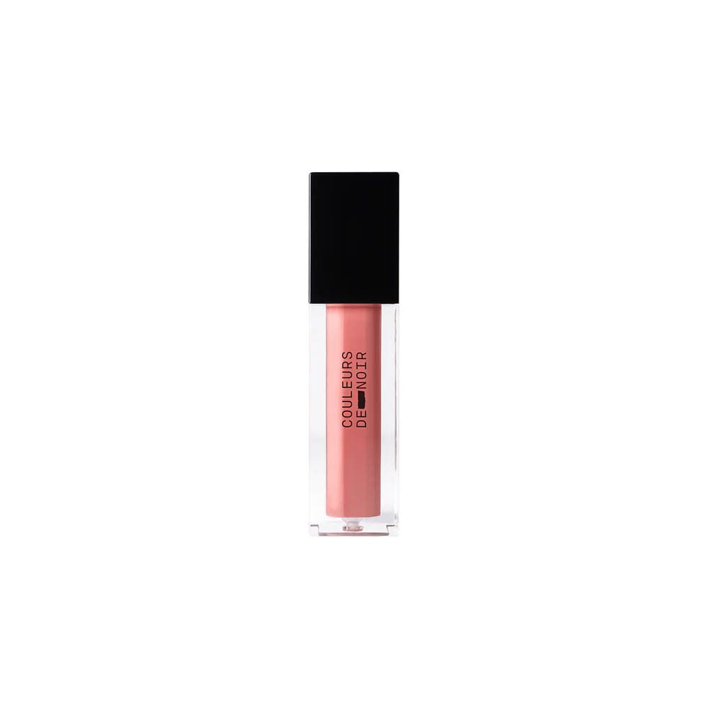 Transparante lipgloss-container met zwarte dop. Roze inhoud. LES COULEURS DE NOIR-logo.