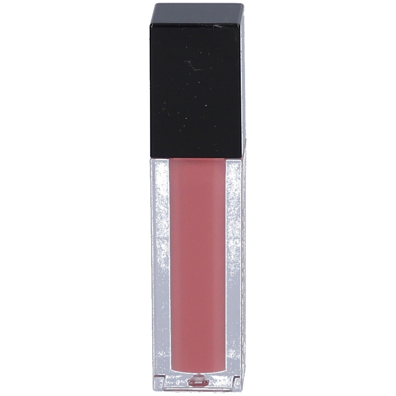Transparante lipgloss-container met zwarte dop. Roze inhoud.