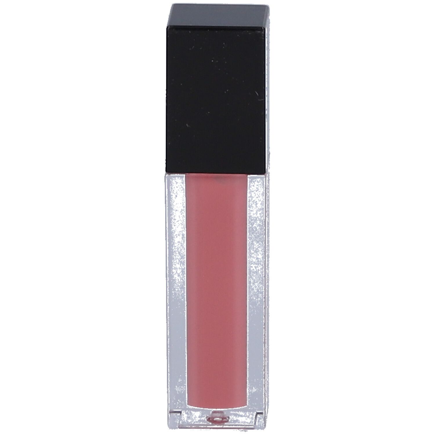 Transparante lipgloss-container met zwarte dop. Roze inhoud.