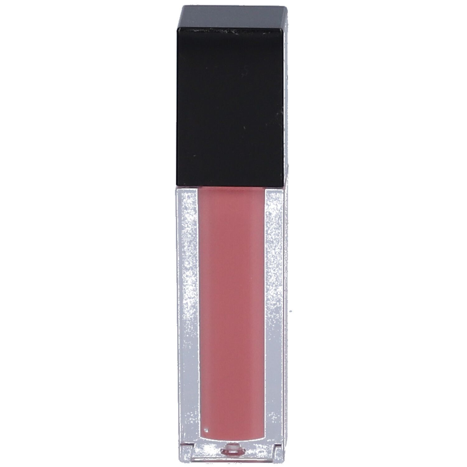 Transparante lipgloss-container met zwarte dop. Roze inhoud.