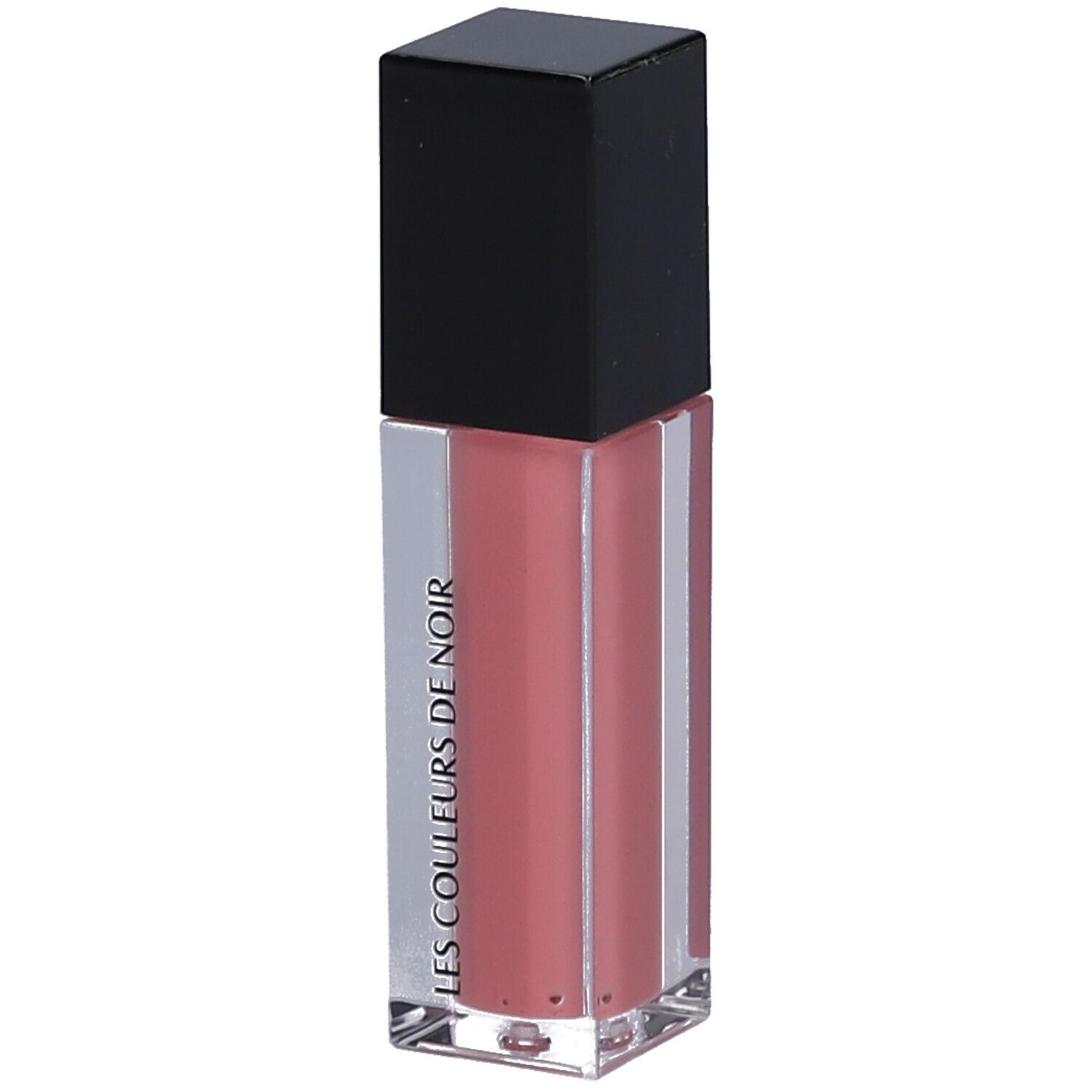 Transparante lipgloss-container met zwarte dop. Roze inhoud. LES COULEURS DE NOIR-logo.