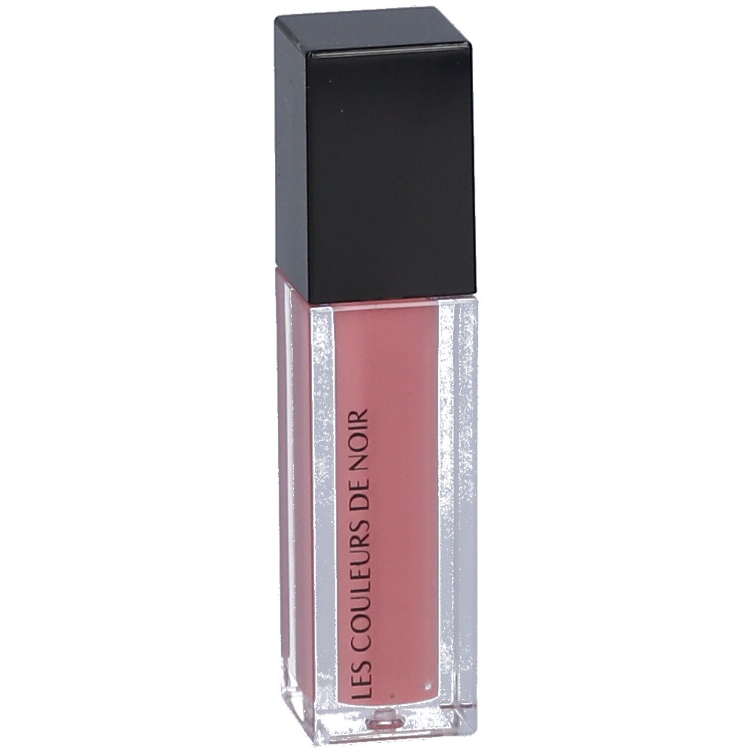 Transparante lipgloss-container met zwarte dop. Roze inhoud. LES COULEURS DE NOIR-logo.