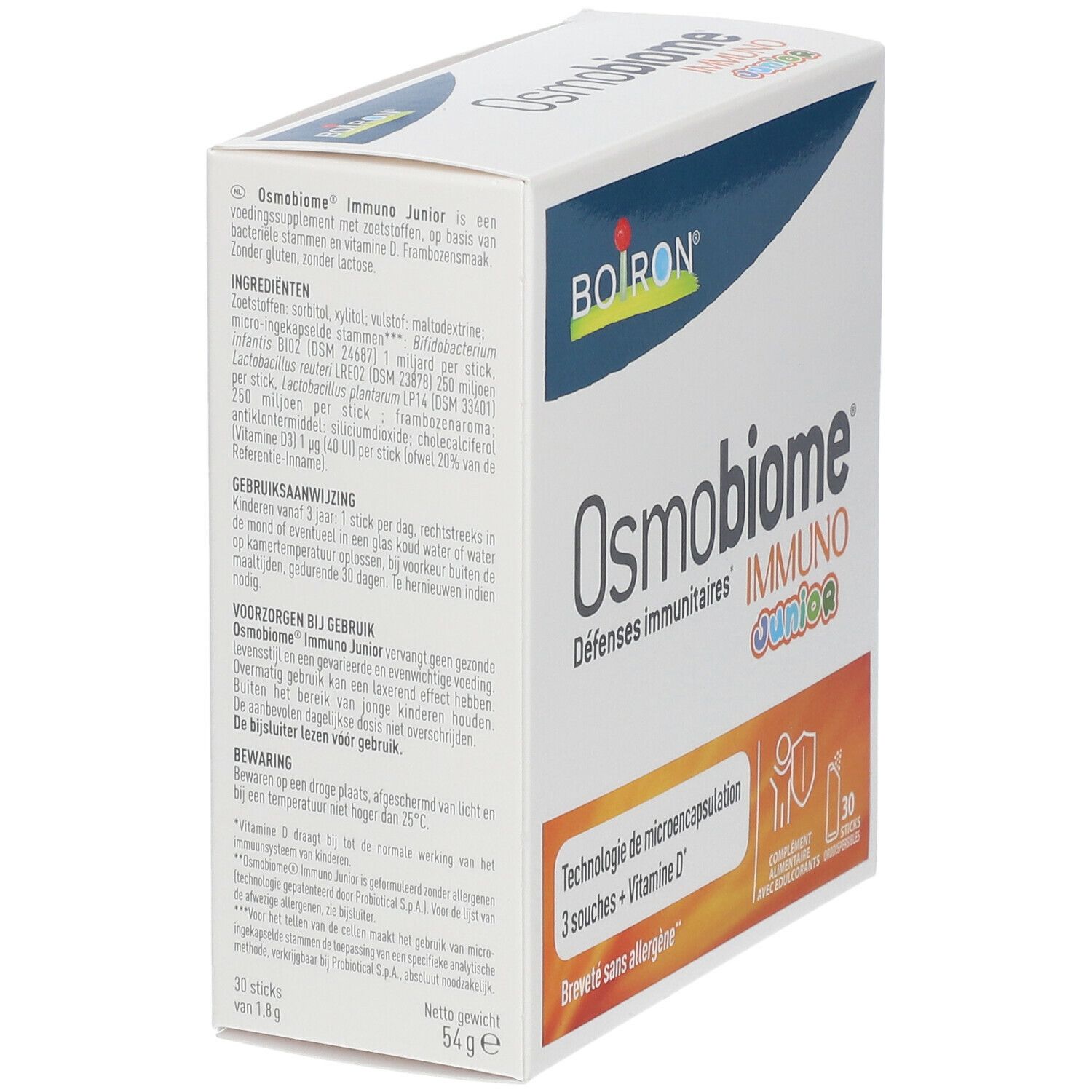 Doos BOIRON Osmobiome Immuno Junior. Bevat 30 sticks. Opschrift: Défenses immunitaires, Technologie de microencapsulation.