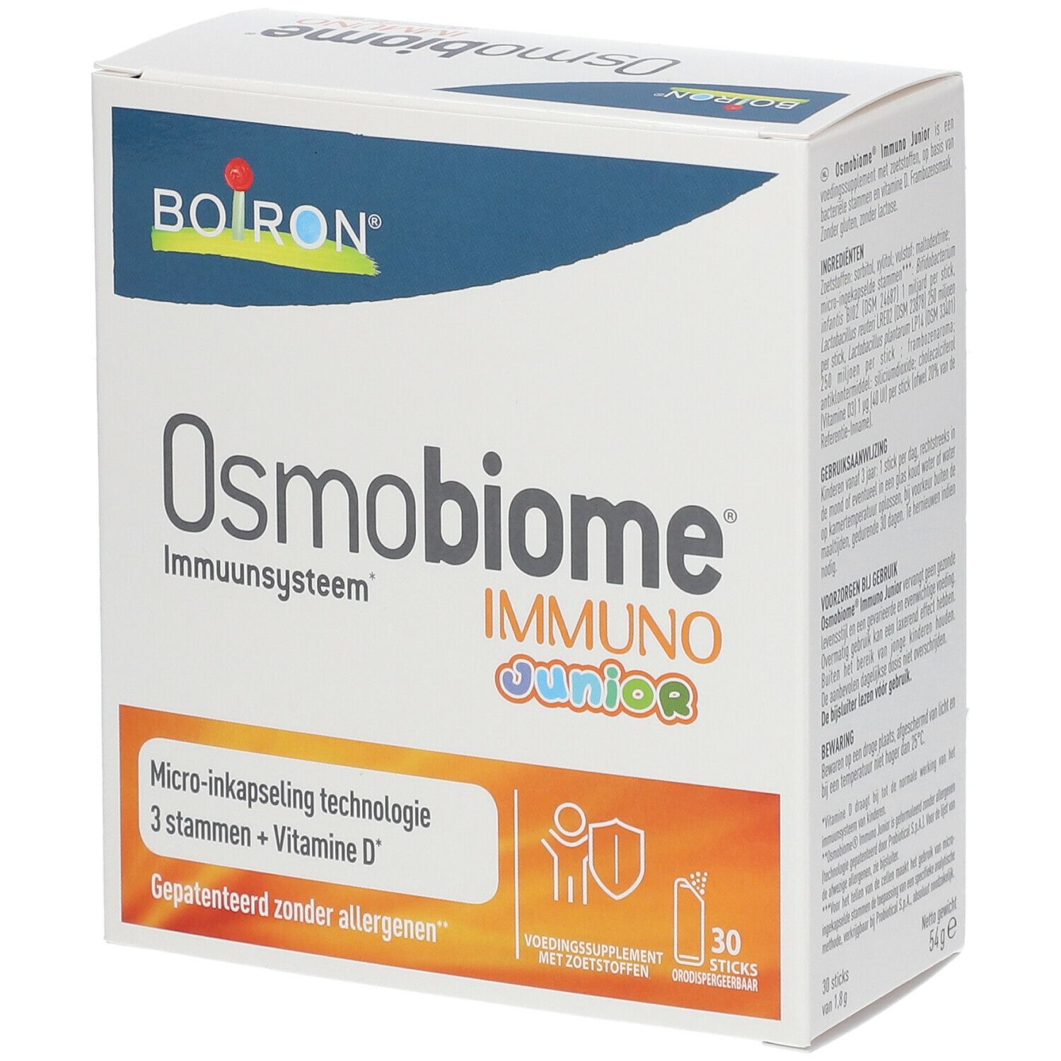 Doos BOIRON Osmobiome Immuno Junior. Bevat 30 sticks. Opschrift: Immunsysteem, Micro-inkapseling technologie.