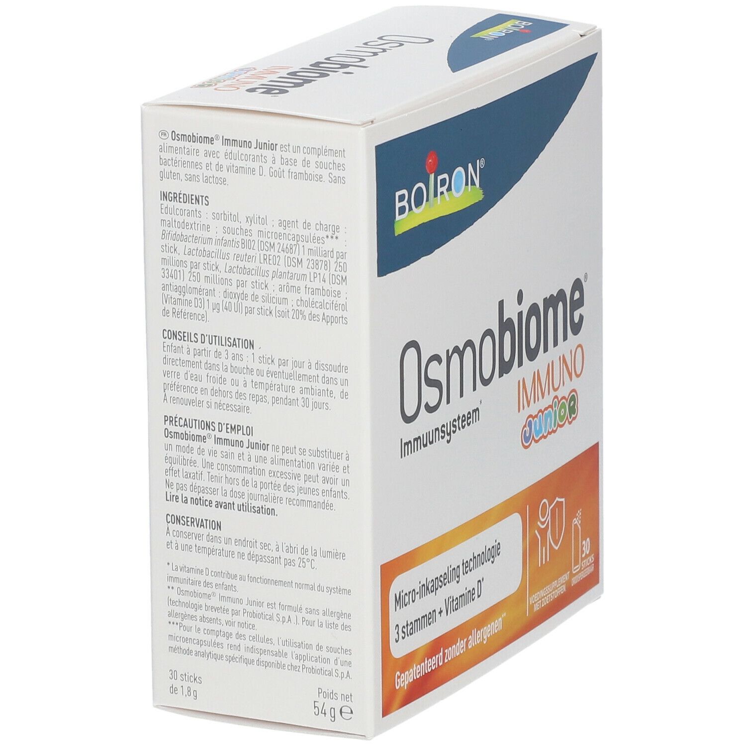 Doos BOIRON Osmobiome Immuno Junior. Bevat 30 sticks. Opschrift: Immunsysteem, Micro-inkapseling technologie.