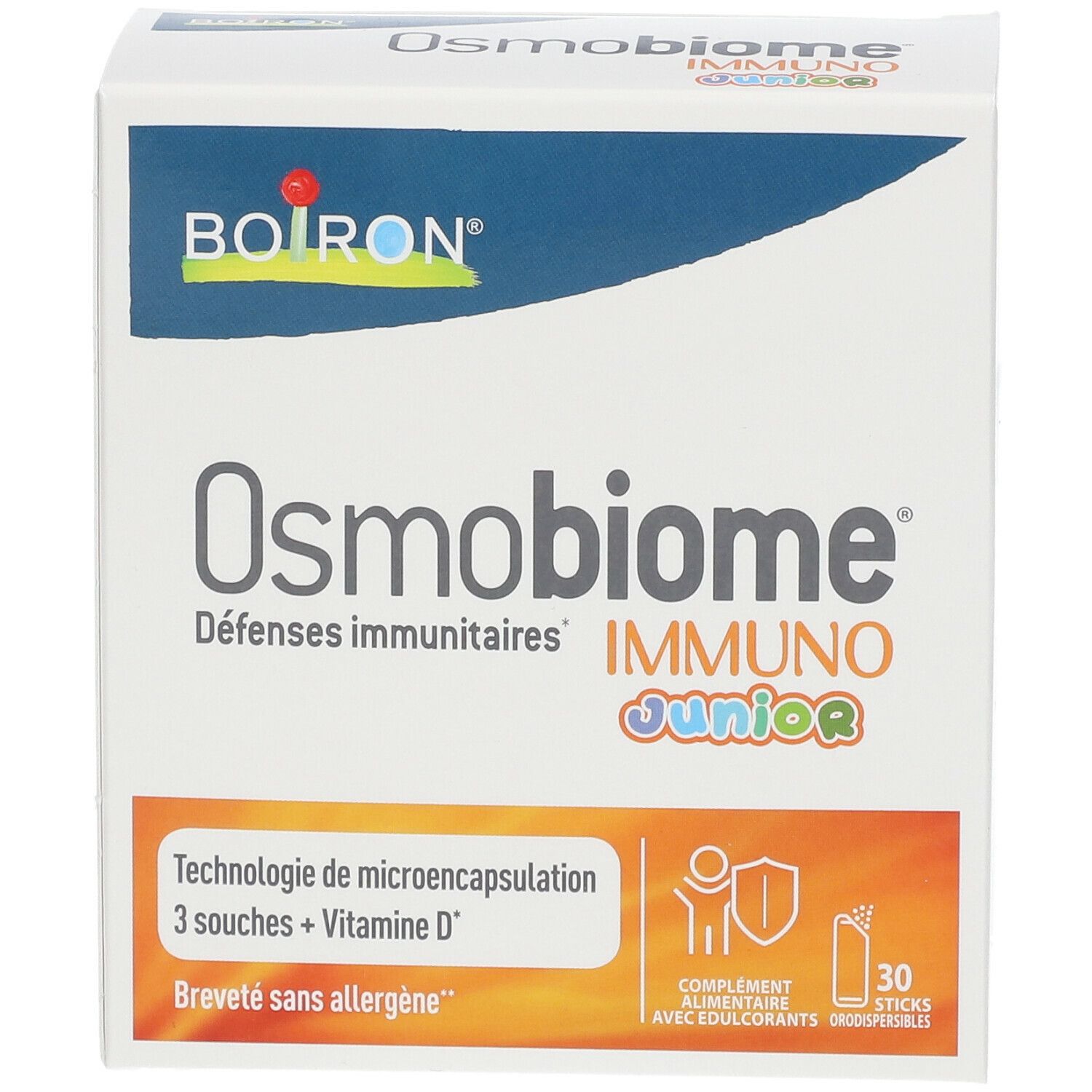 Doos BOIRON Osmobiome Immuno Junior. Bevat 30 sticks. Opschrift: Défenses immunitaires, Technologie de microencapsulation.