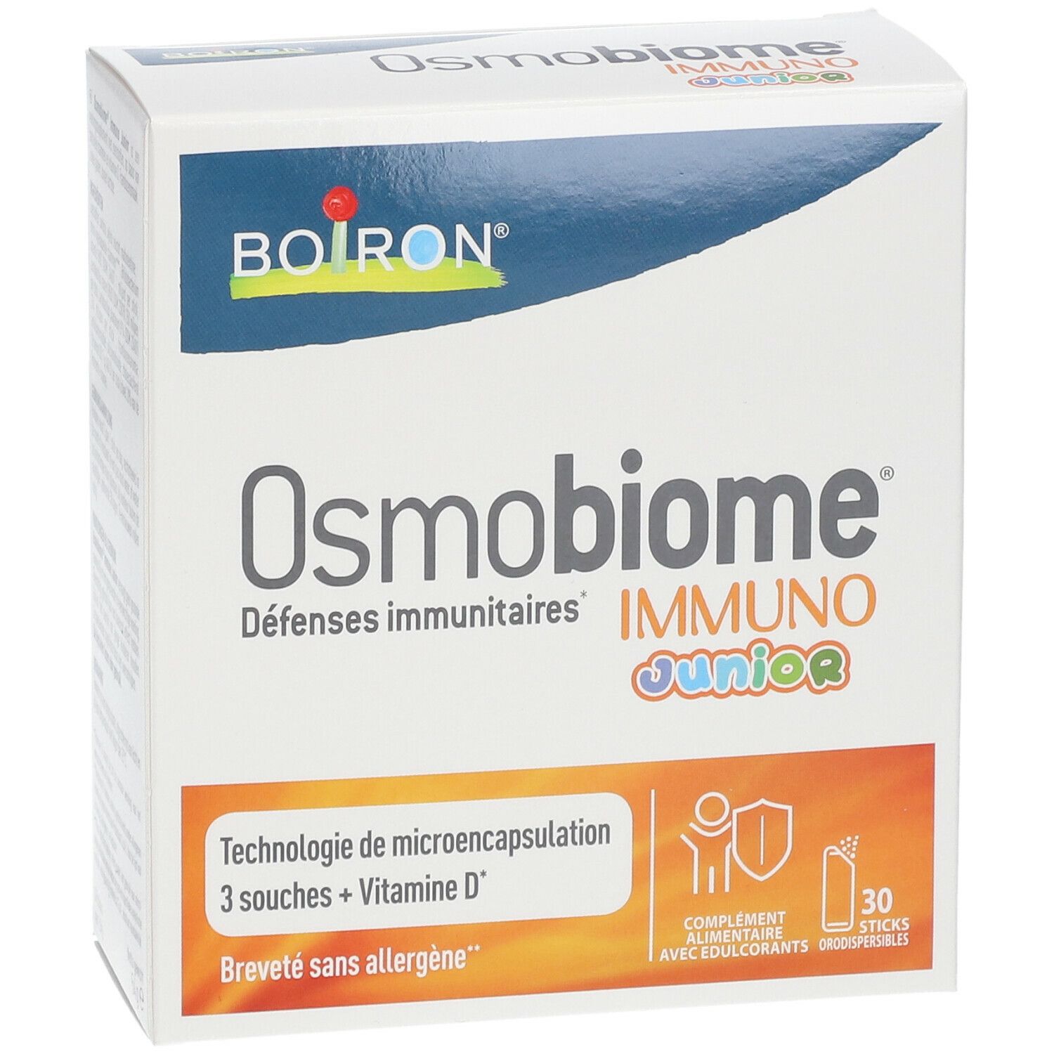 Doos BOIRON Osmobiome Immuno Junior. Bevat 30 sticks. Opschrift: Défenses immunitaires, Technologie de microencapsulation.