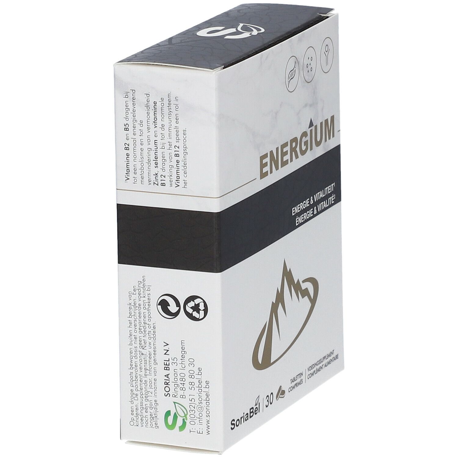 Doos met tekst en logo. Opschrift: Energium, SoriaBel. Bevat 30 tabletten. Zijaanzicht.
