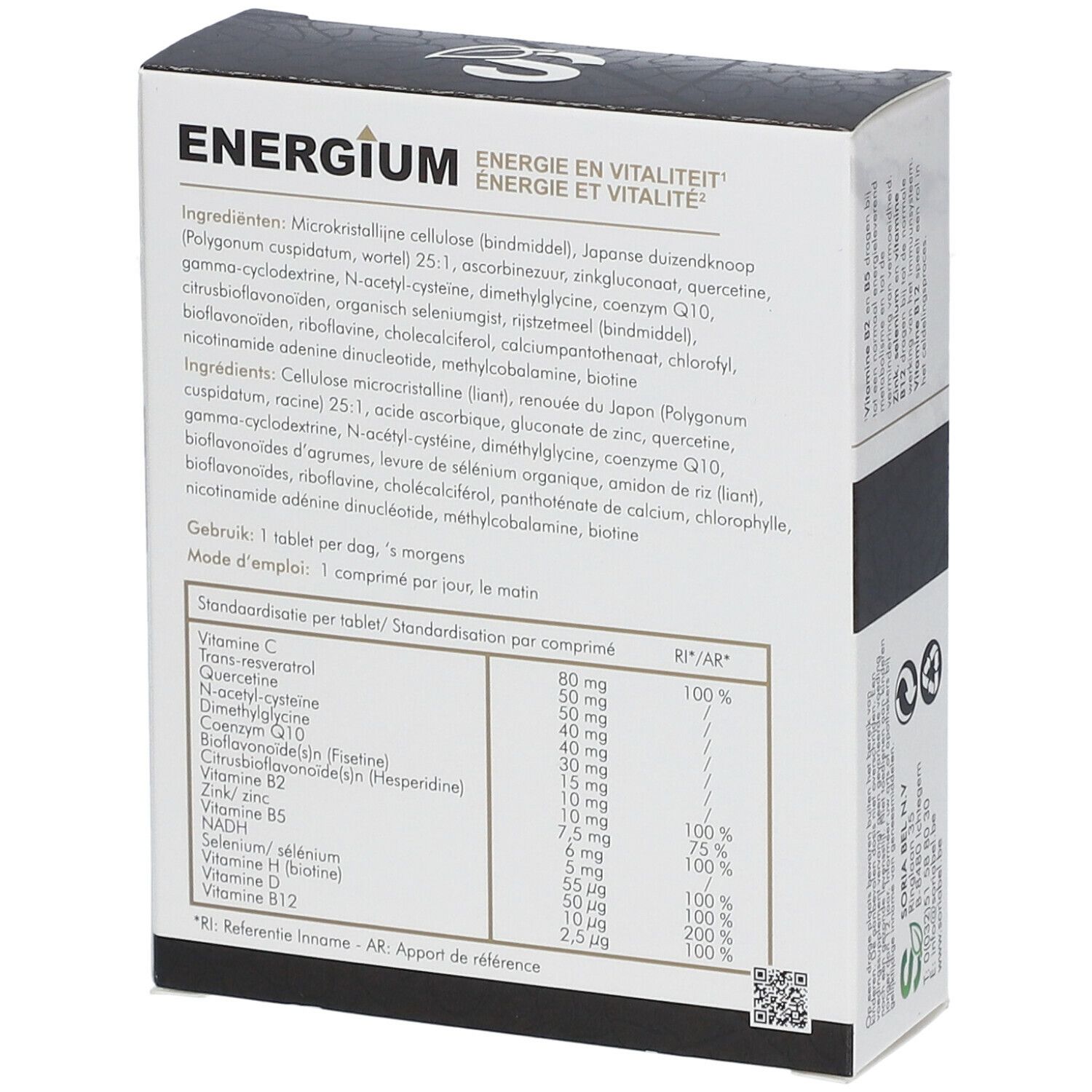 Achterkant van de doos met ingrediënten en voedingstabel. Opschrift: Energium. Meertalige tekst.