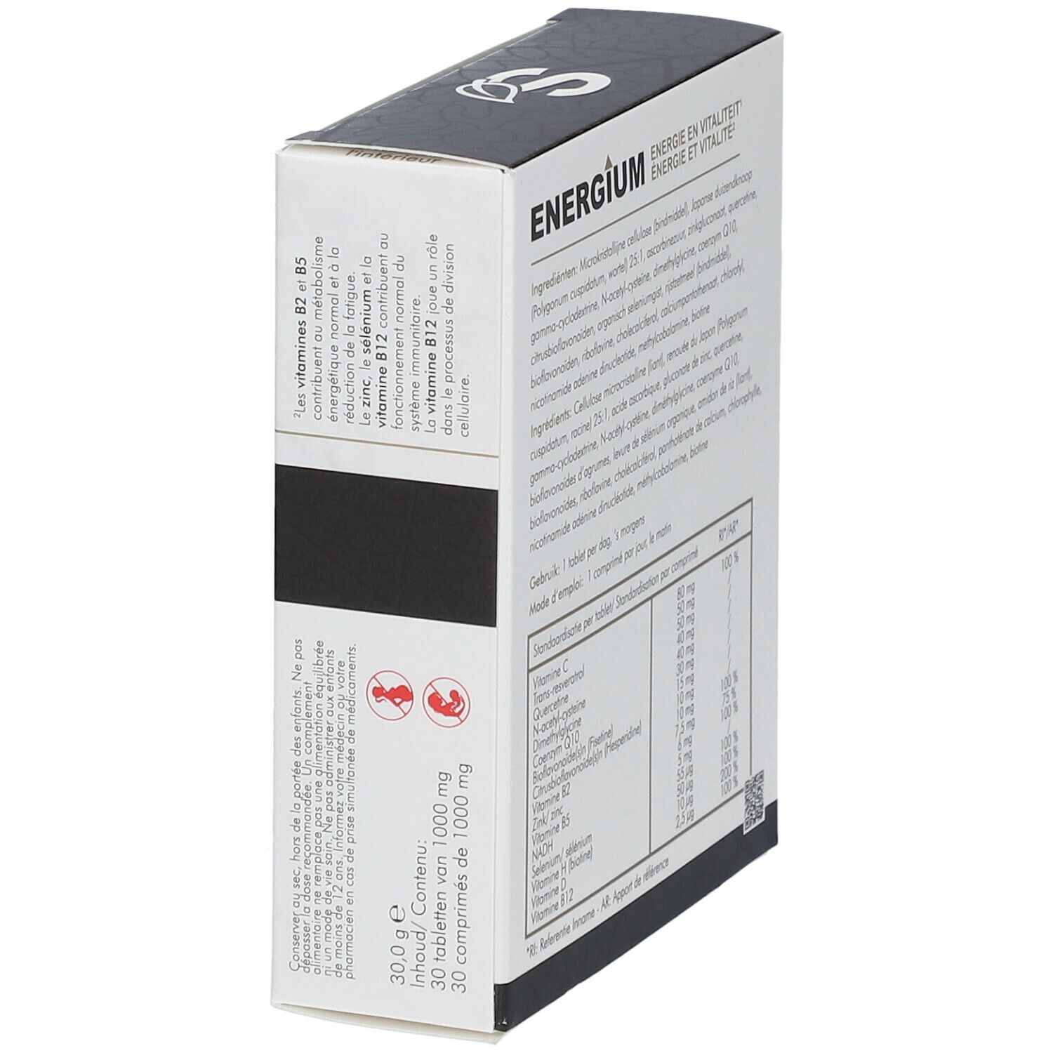 Doos met tekst en logo. Opschrift: Energium, SoriaBel. Bevat 30 tabletten. Zijaanzicht.