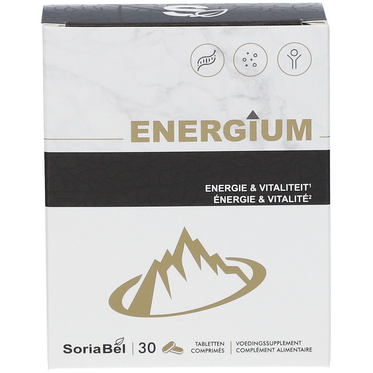 Witte doos met zwarte band. Opschrift: Energium, SoriaBel, 30 tabletten. Berg-logo.