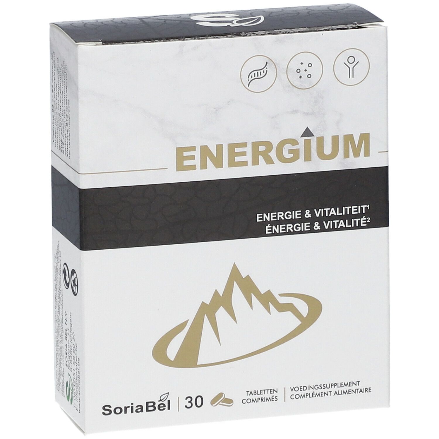 Witte doos met zwarte band. Opschrift: Energium, SoriaBel, 30 tabletten. Berg-logo.
