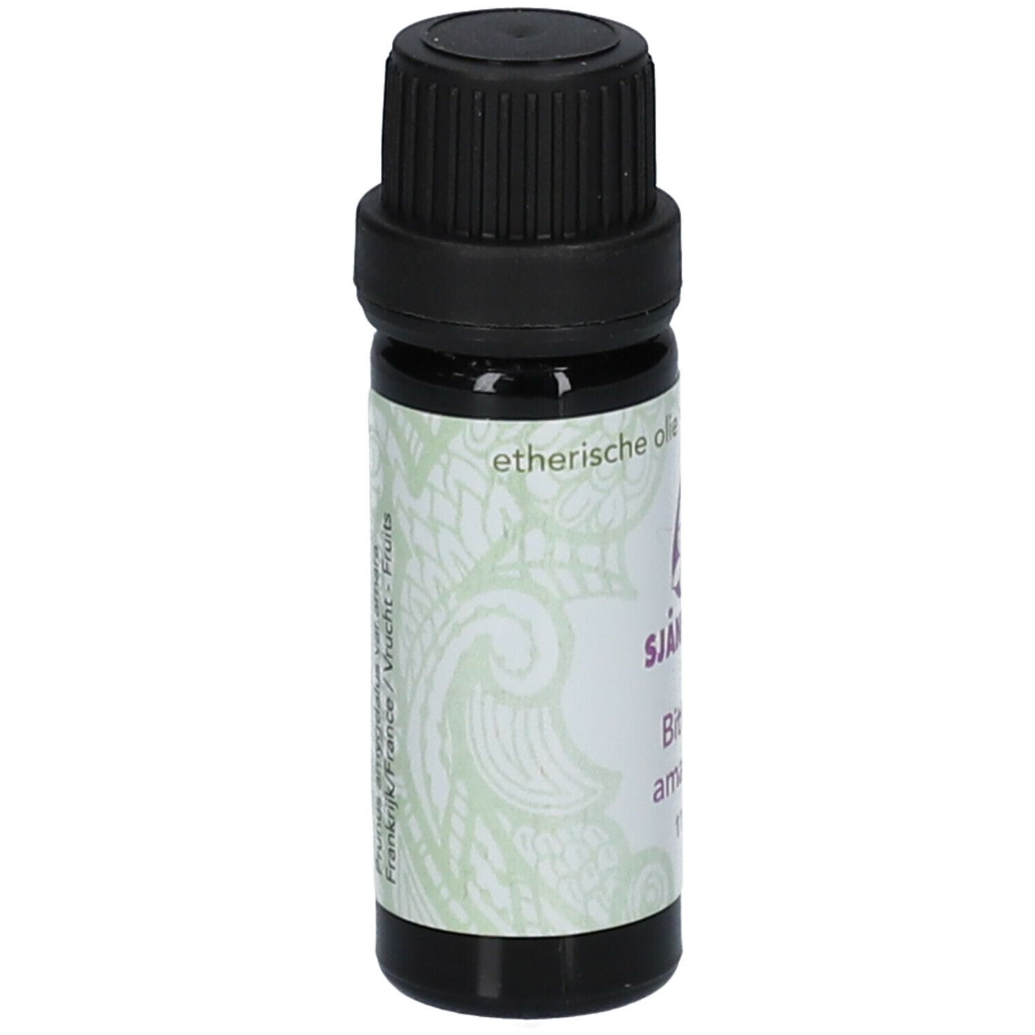 Braune Glasflasche mit schwarzem Deckel. Etikett mit Produktnamen, Marke und Volumen. Floralmuster.