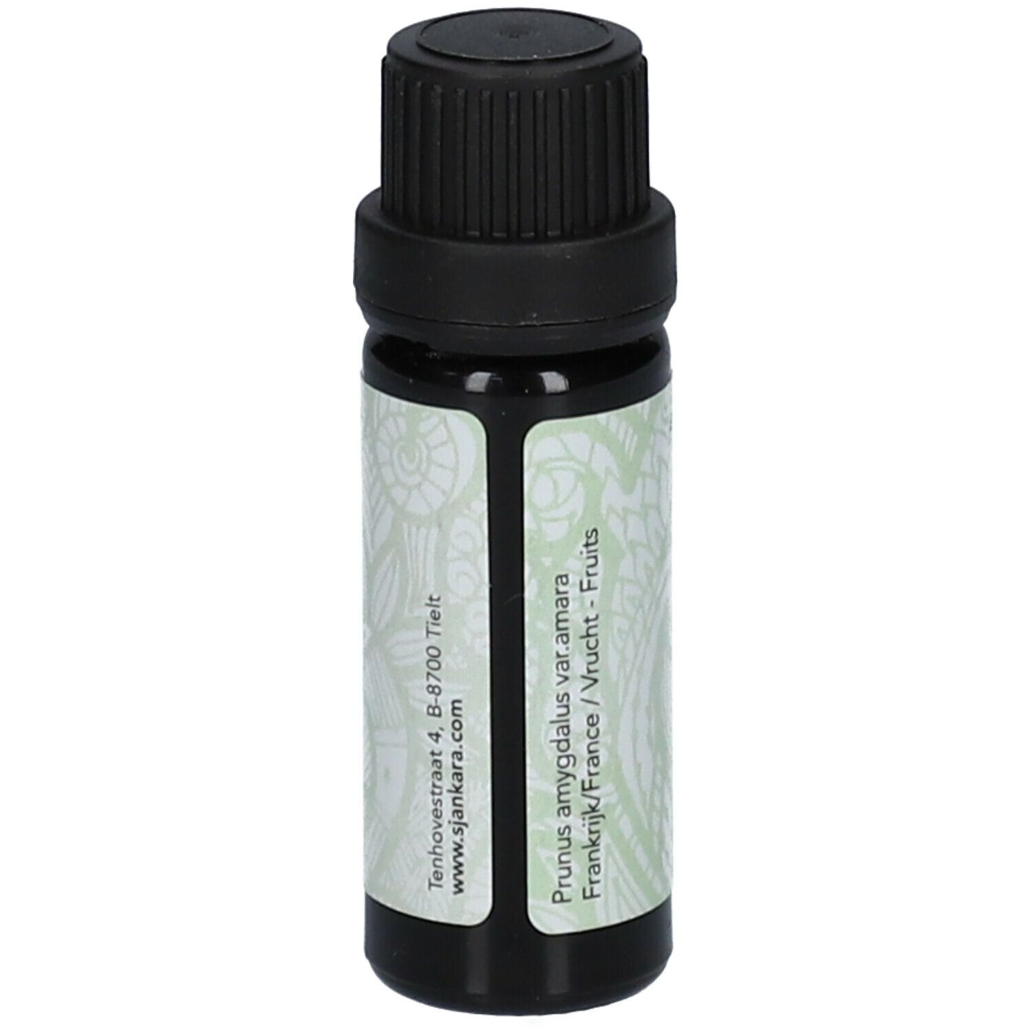 Braune Glasflasche mit schwarzem Deckel. Etikett mit Produktinformationen und floralem Muster.
