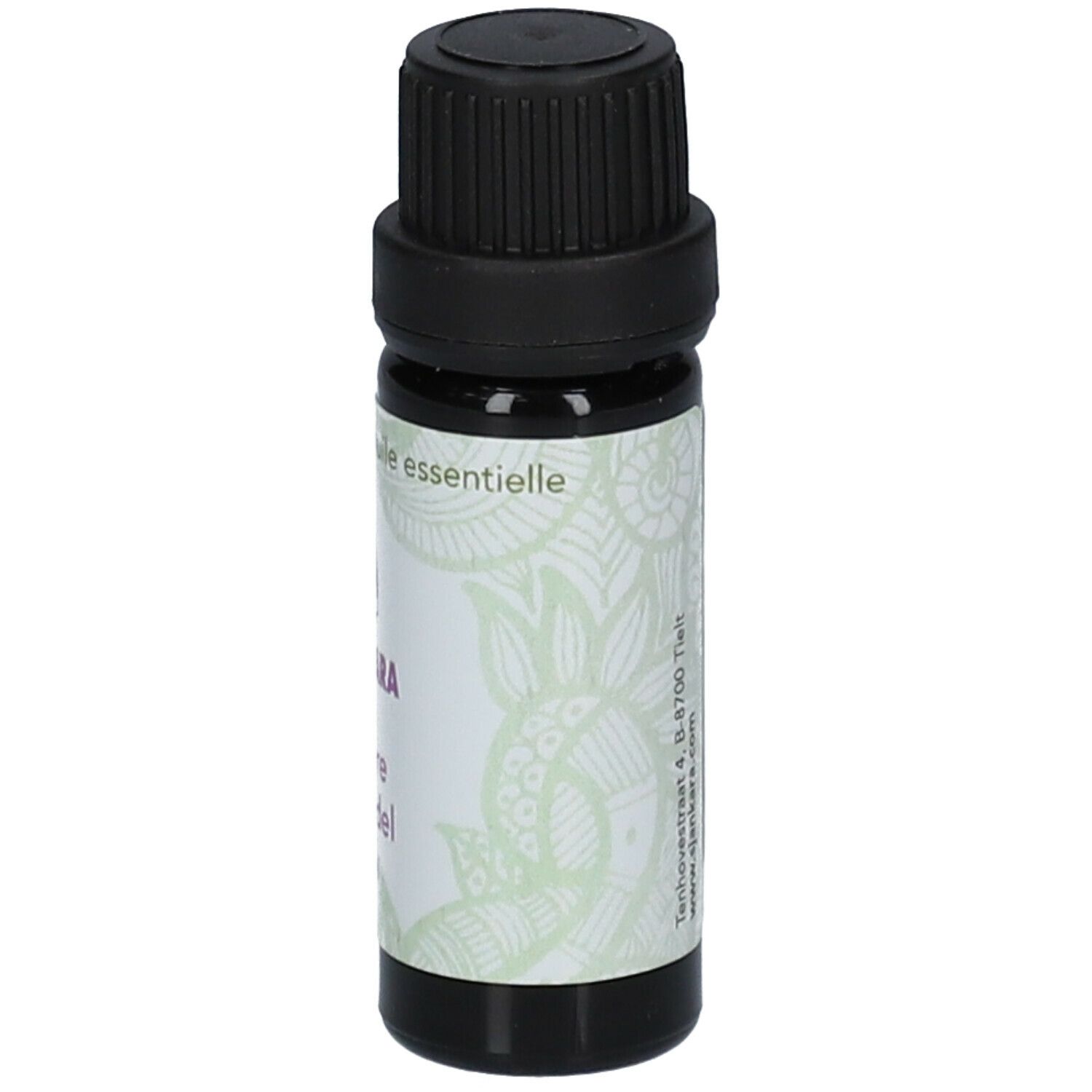Braune Glasflasche mit schwarzem Deckel. Etikett mit Produktnamen, Marke und Volumen. Floralmuster.
