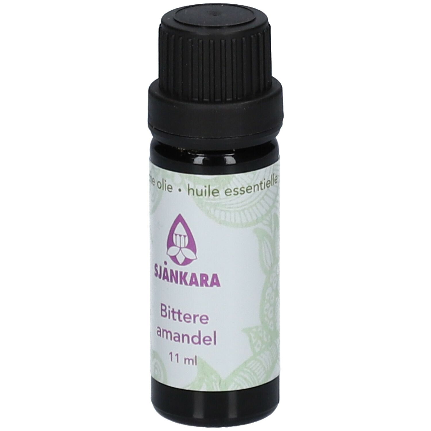 Braune Glasflasche mit schwarzem Deckel. Etikett mit Produktnamen, Marke und Volumen. Floralmuster.