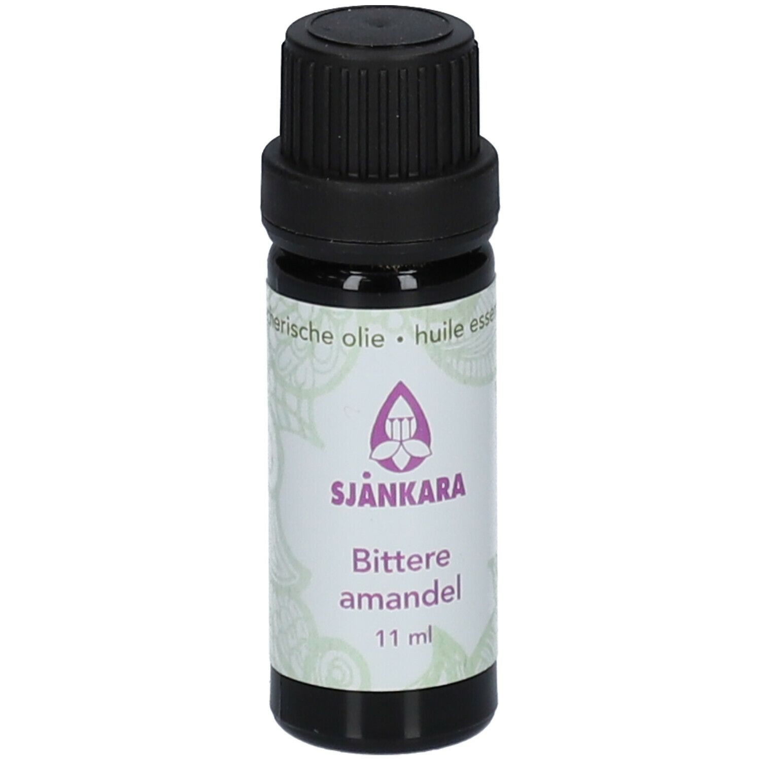 Braune Glasflasche mit schwarzem Deckel. Etikett mit Produktnamen, Marke und Volumen. Floralmuster.