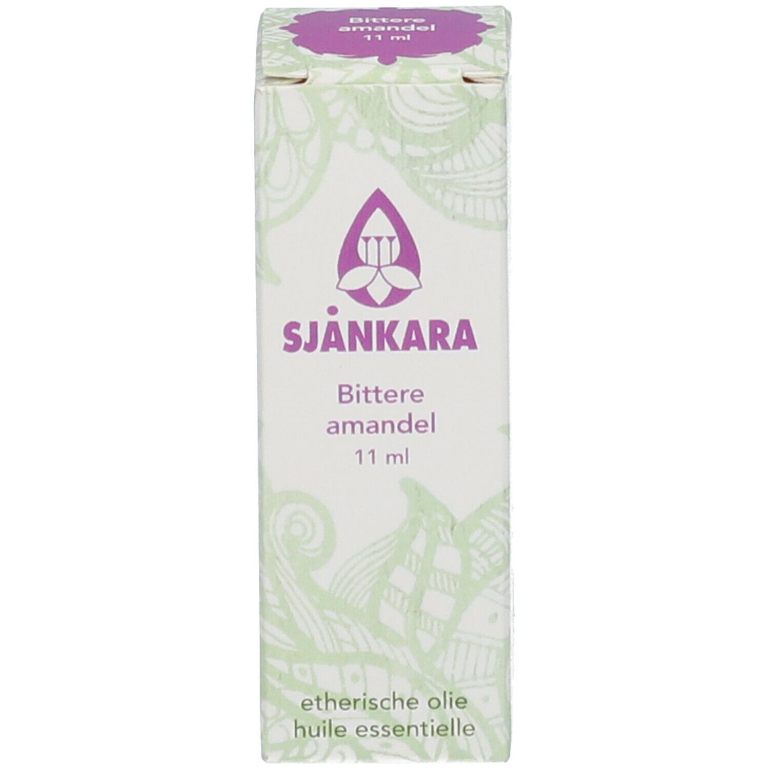 Weiße Schachtel mit Produktnamen, Marke und Volumen. Floralmuster. Braune Flasche mit schwarzem Deckel.