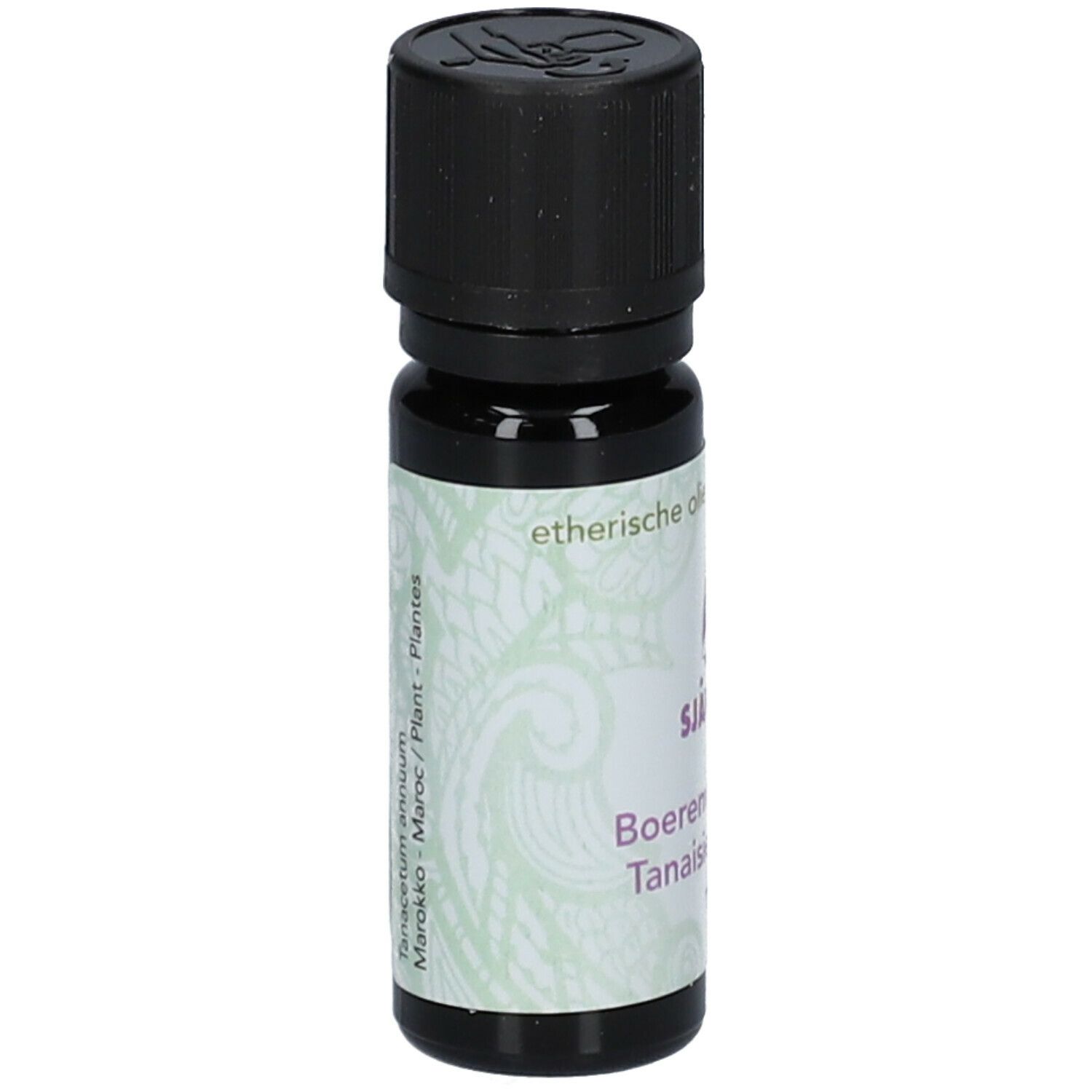 Bruine fles met zwarte dop. Etiket met productnaam, logo en plantnaam.