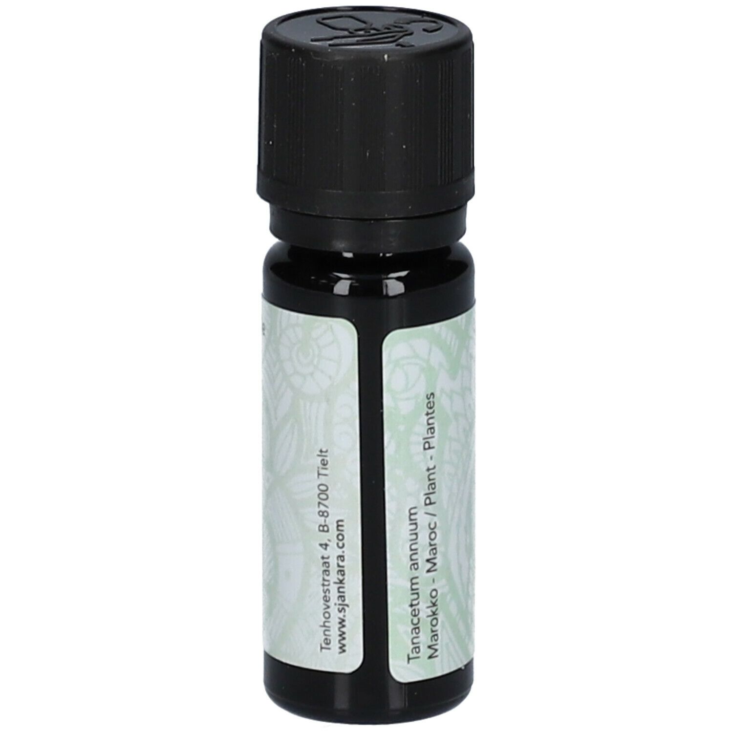 Bruine fles met zwarte dop. Etiket met adres- en website-informatie.